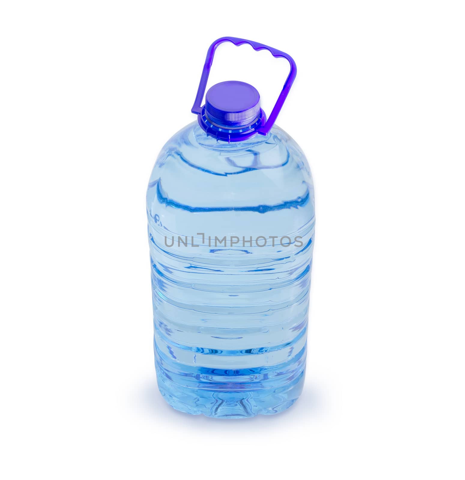 Drinking water in the blue large transparent plastic bottle with carrying handle on a white background
