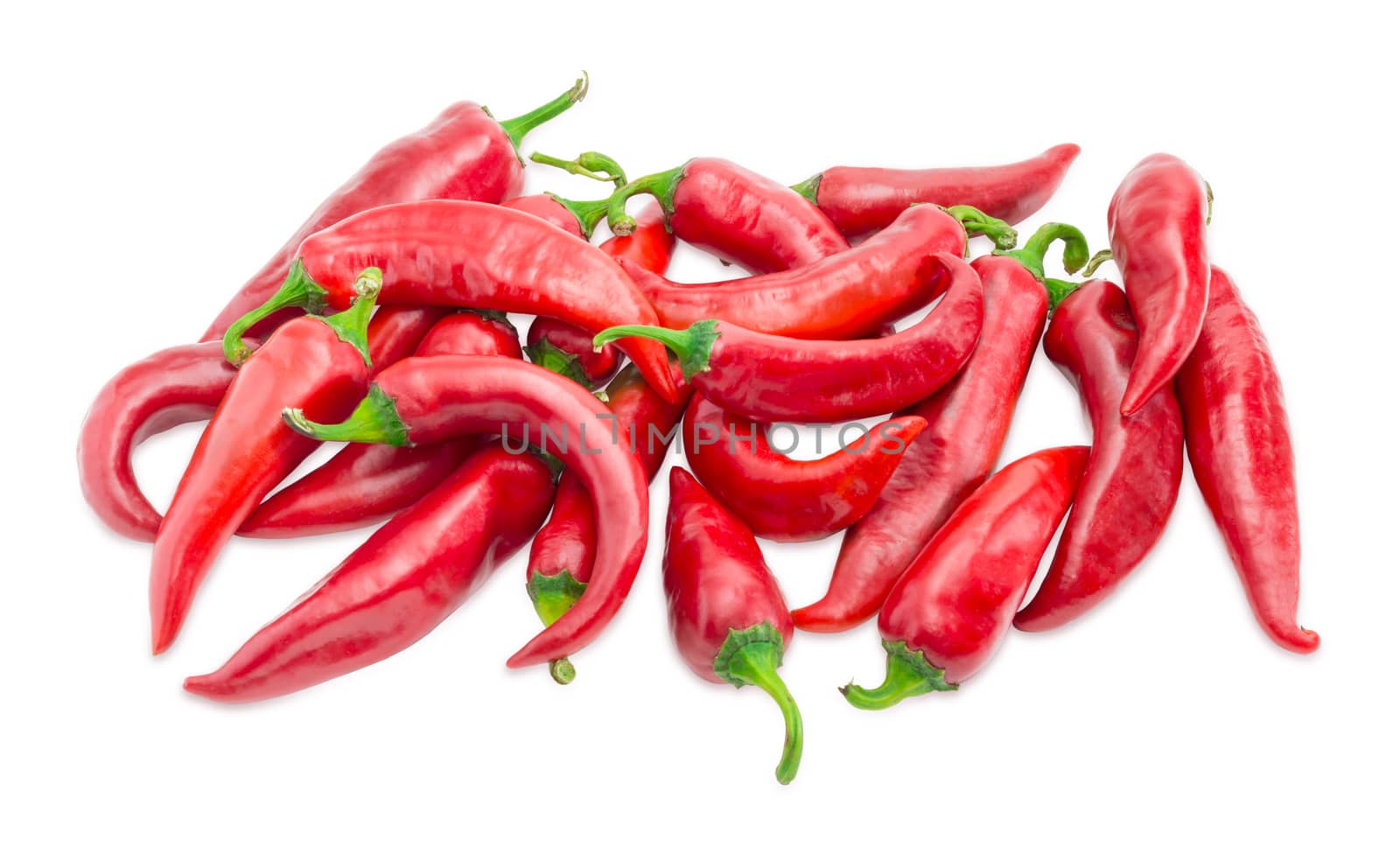 Pile of the fresh red peppers chili on a white background
