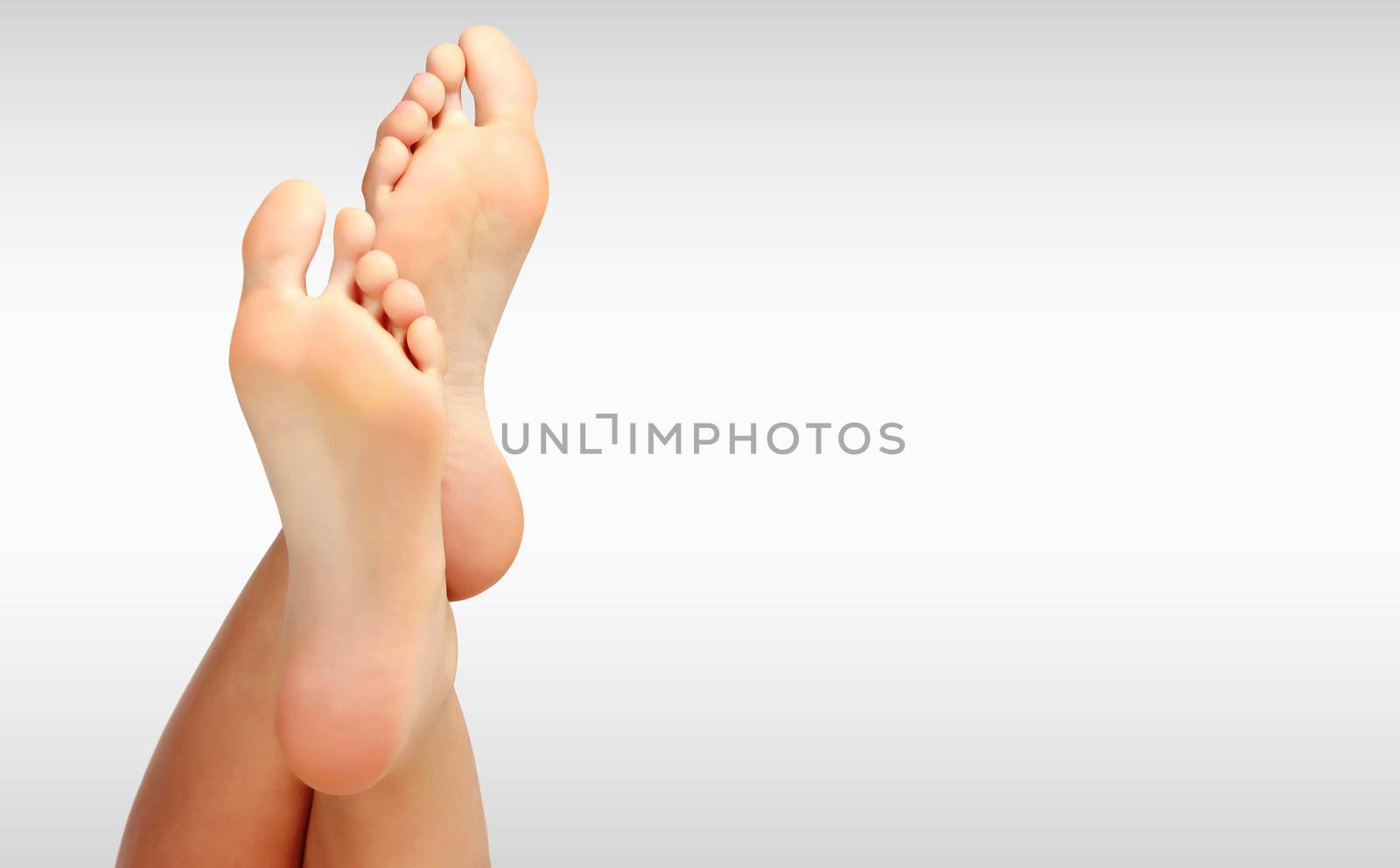 Beautiful woman's bare feet against a grey background with copyspace