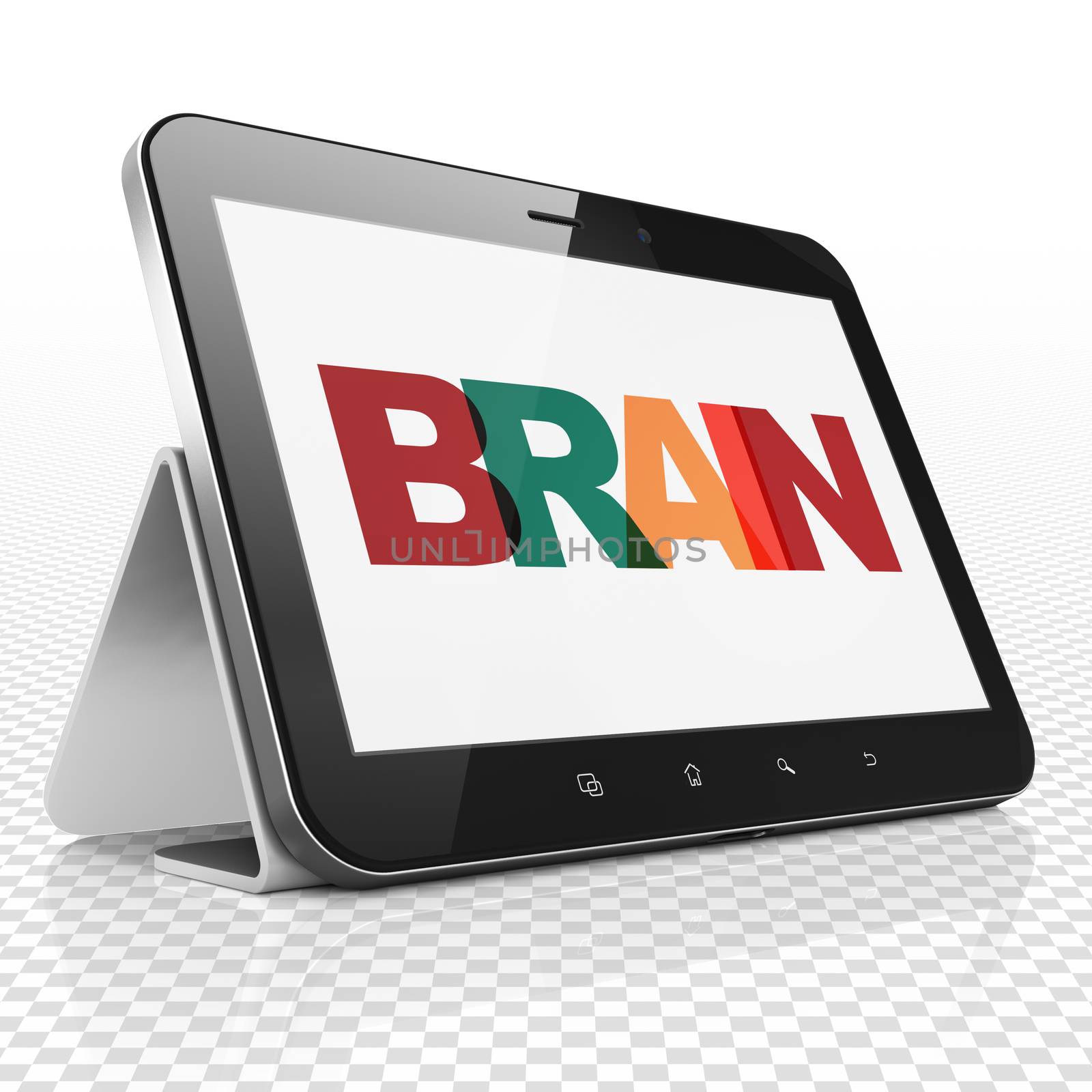 Health concept: Tablet Computer with Painted multicolor text Brain on display, 3D rendering