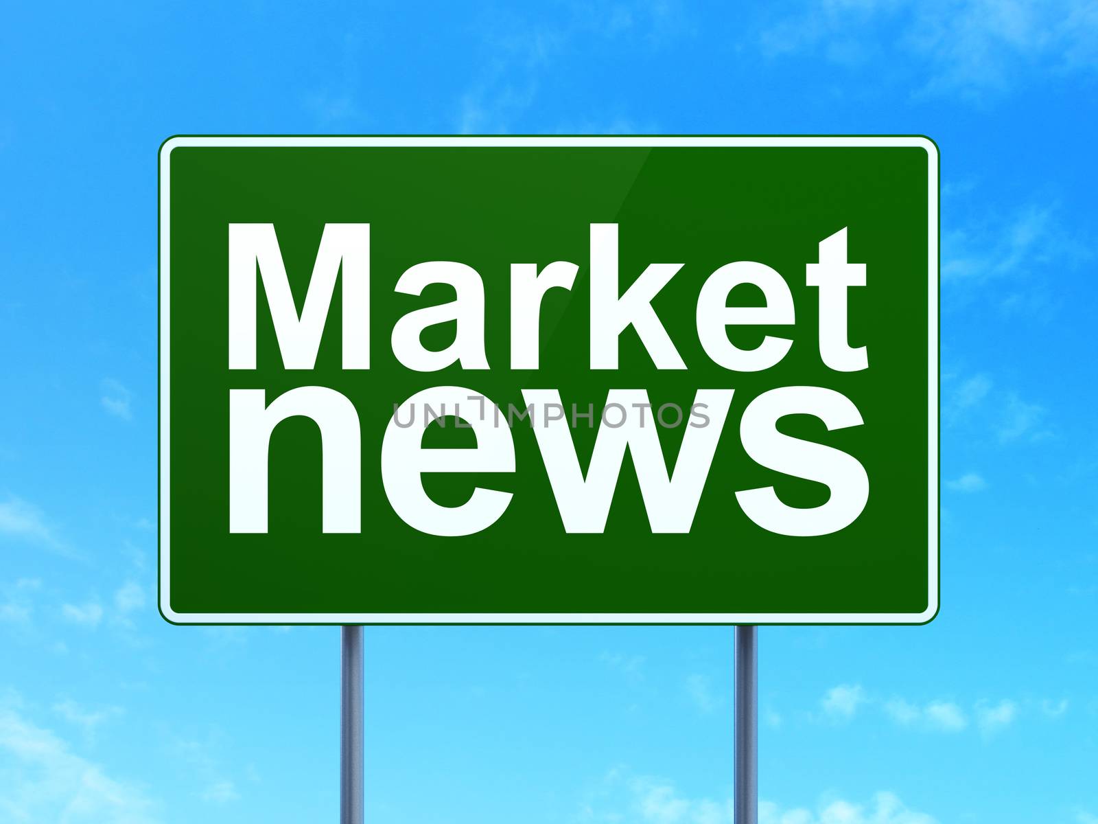 News concept: Market News on green road highway sign, clear blue sky background, 3D rendering