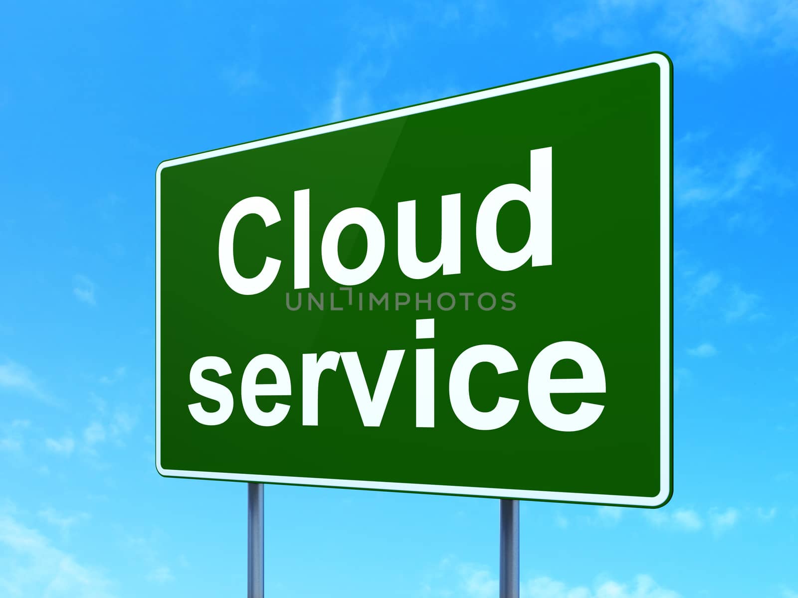 Cloud technology concept: Cloud Service on green road highway sign, clear blue sky background, 3D rendering