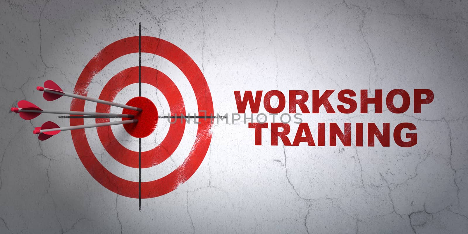 Success Education concept: arrows hitting the center of target, Red Workshop Training on wall background, 3D rendering