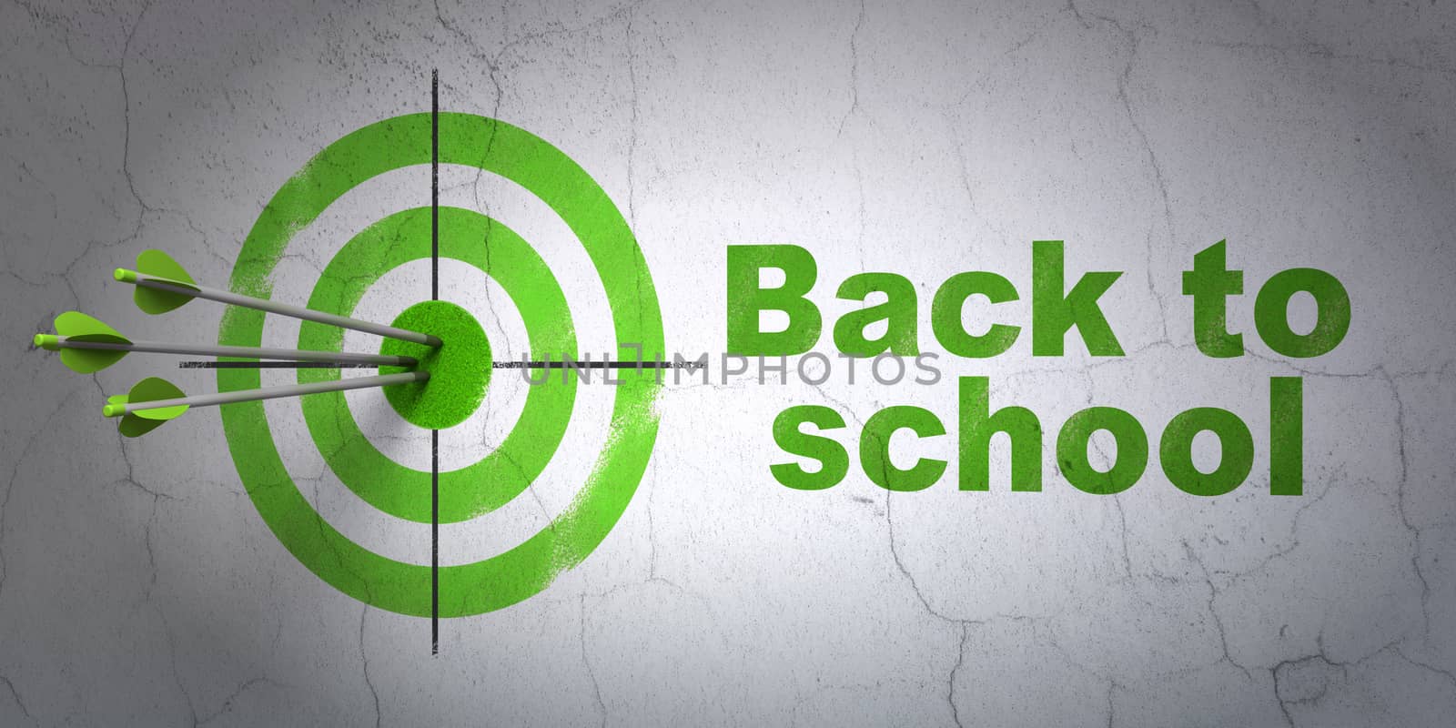 Success Learning concept: arrows hitting the center of target, Green Back to School on wall background, 3D rendering