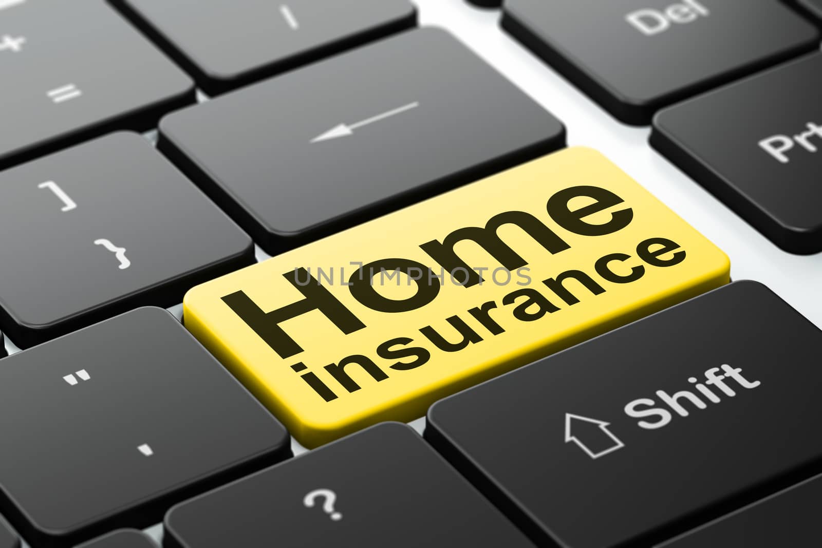 Insurance concept: computer keyboard with word Home Insurance, selected focus on enter button background, 3D rendering