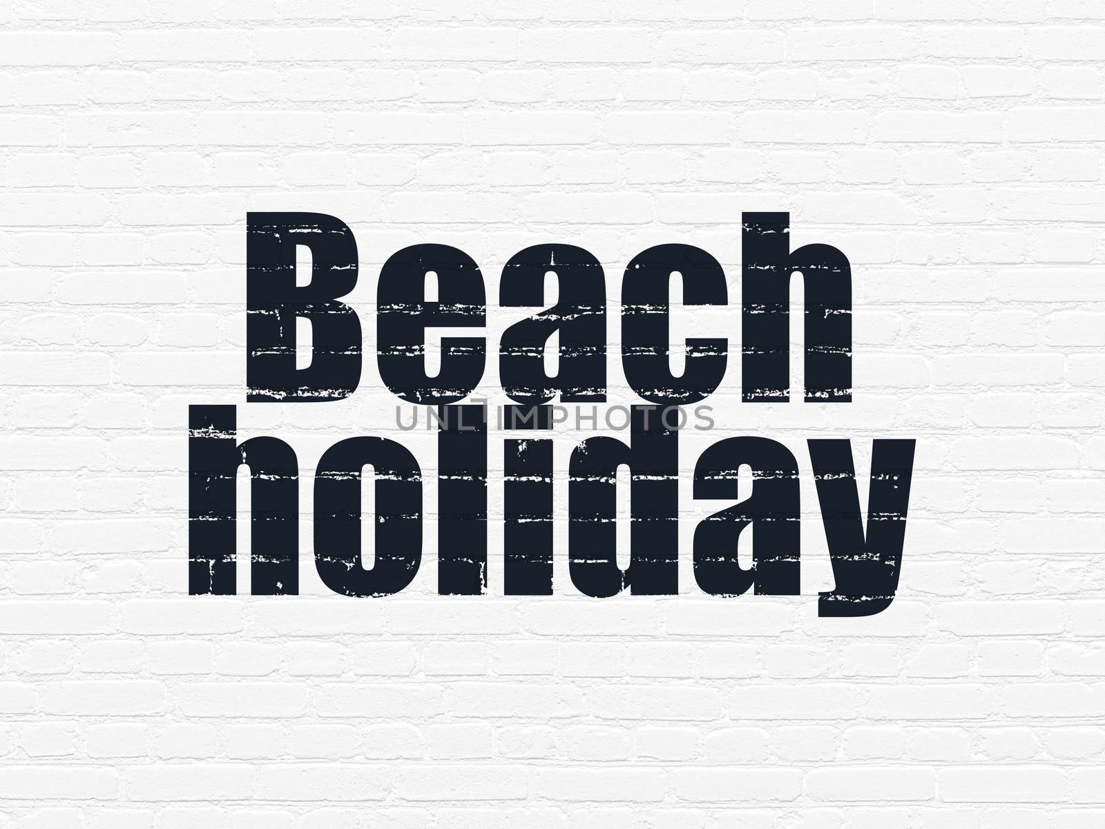 Travel concept: Painted black text Beach Holiday on White Brick wall background