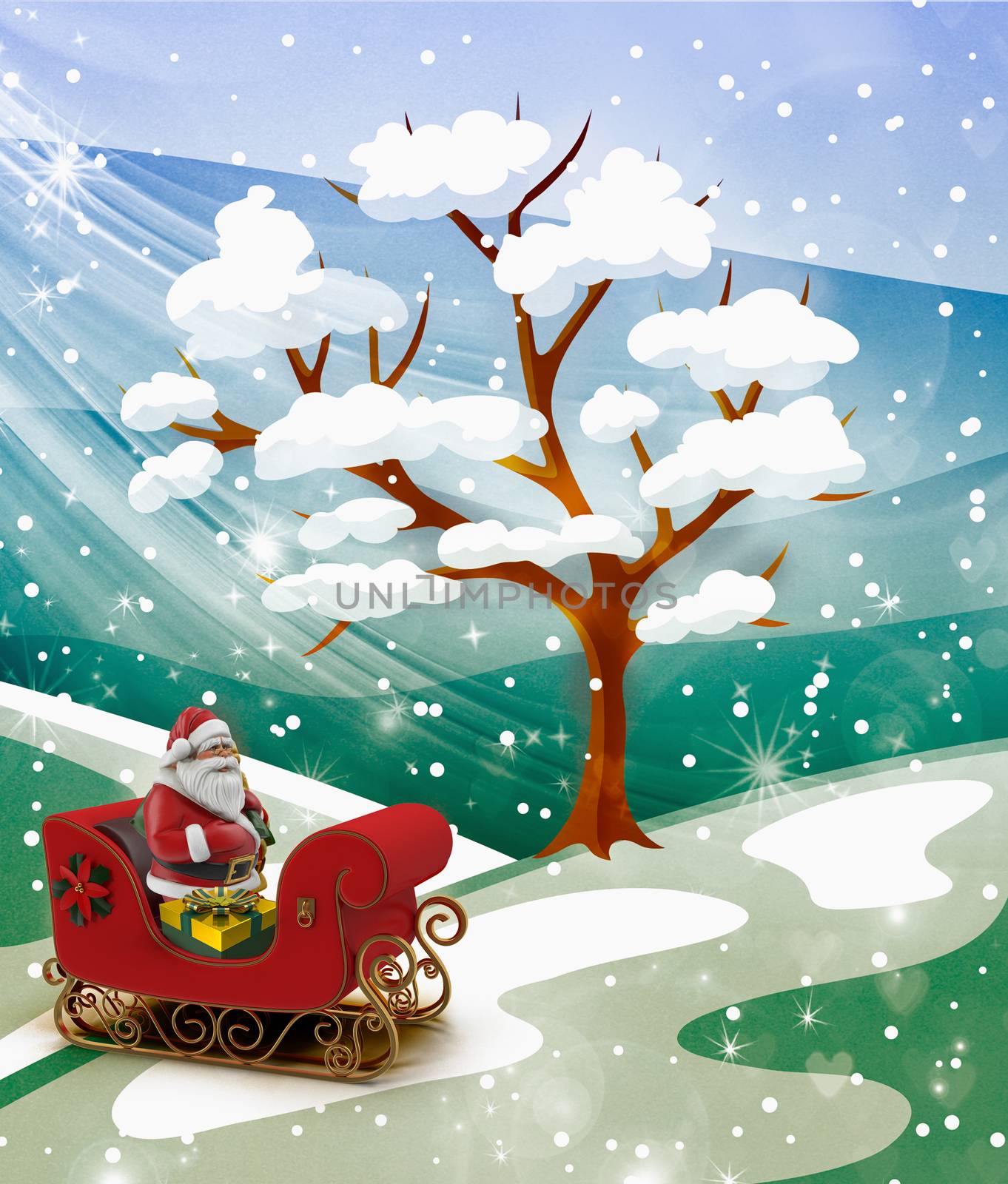 Among the snowdrifts under the tree Santa Claus in red sleigh with gifts.