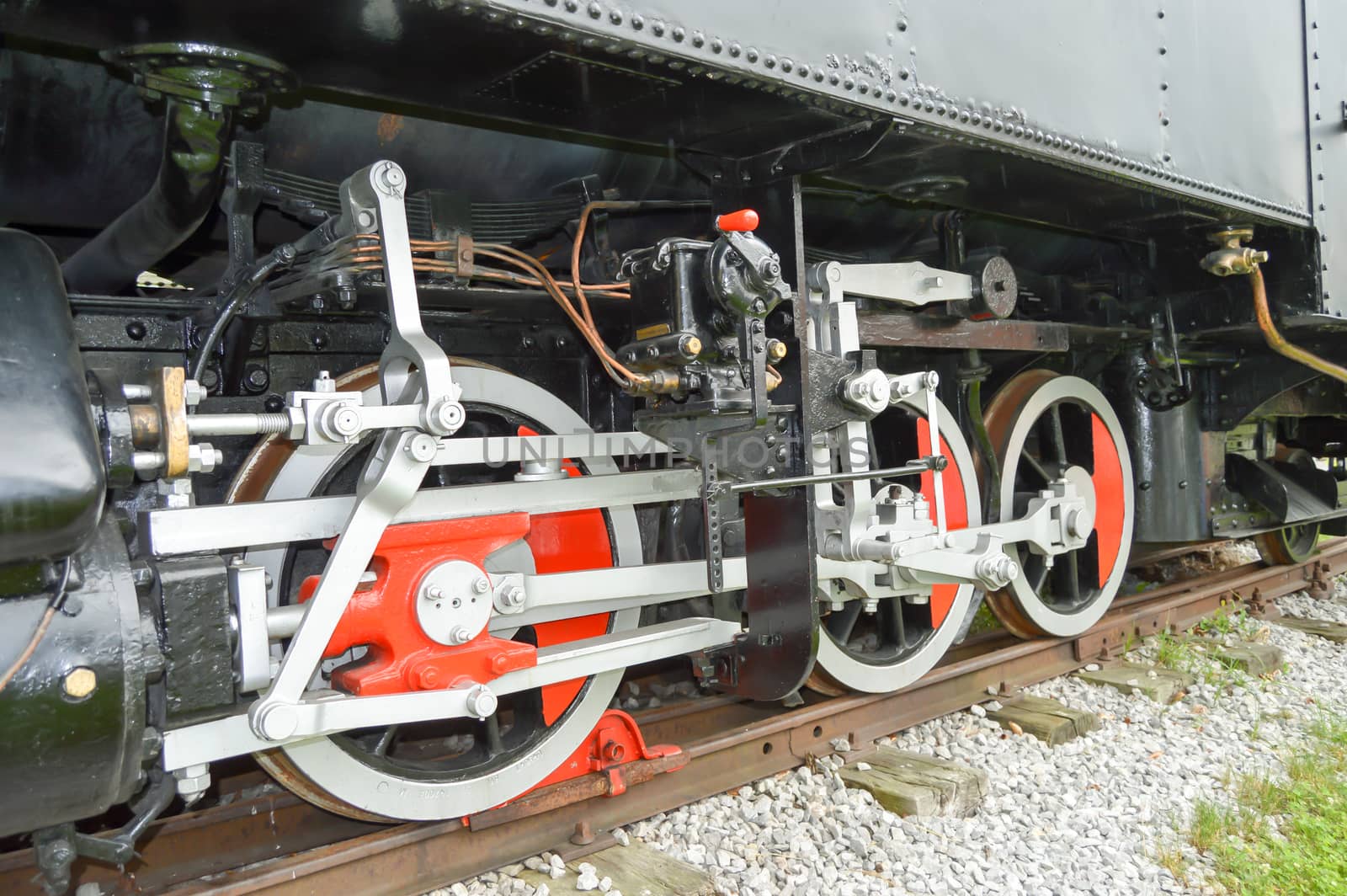 Mechanism of an old steam locomotive on a railway in the Austrian Tyrol