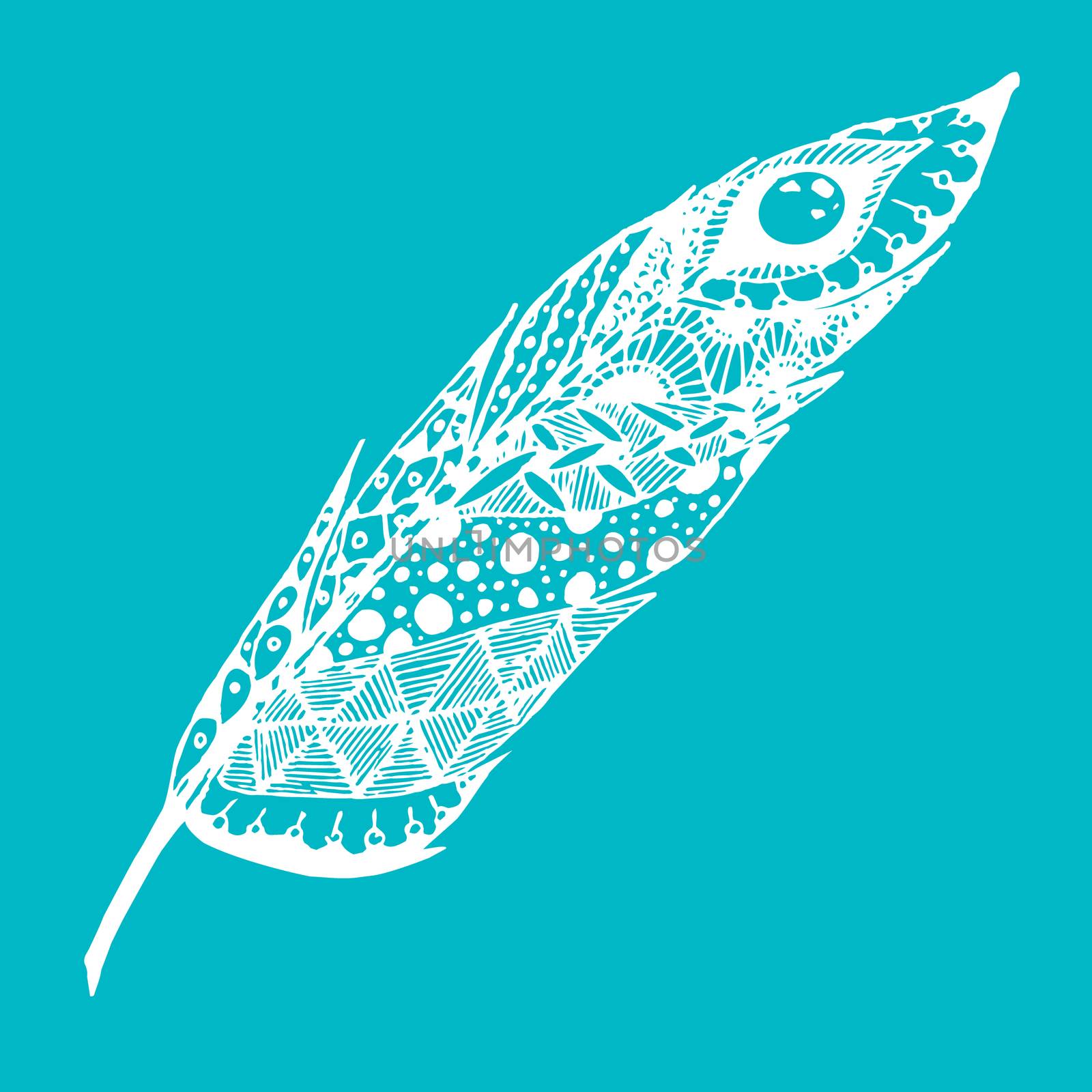 Hand drawn doodle zentangle feather isolated from background. Black and white illustration.