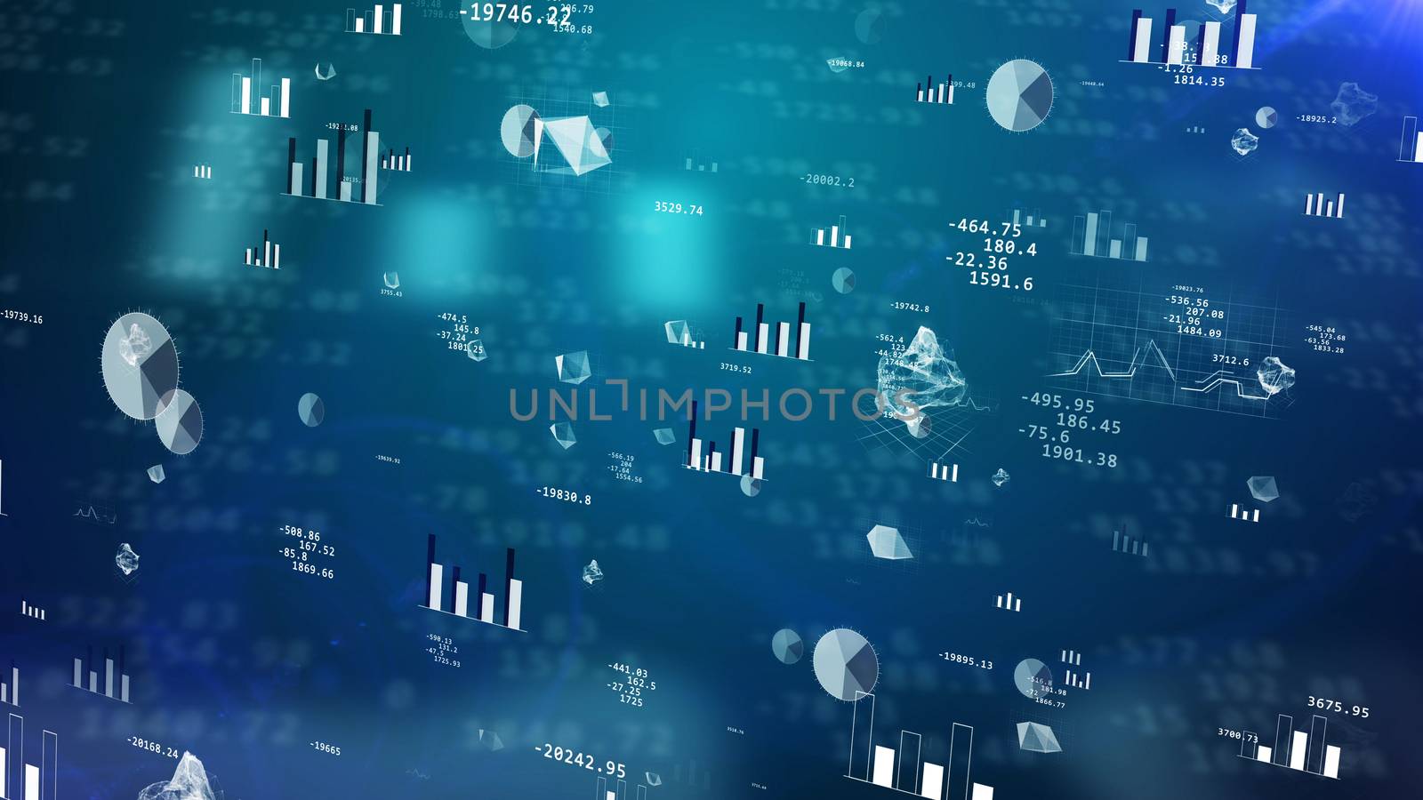 Professional 3D illustration of stock exchange profit with glittering pie charts, histograms, bar charts, decimal digits, hi-tech  figures, spheres. The dark blue background has a palette of tints