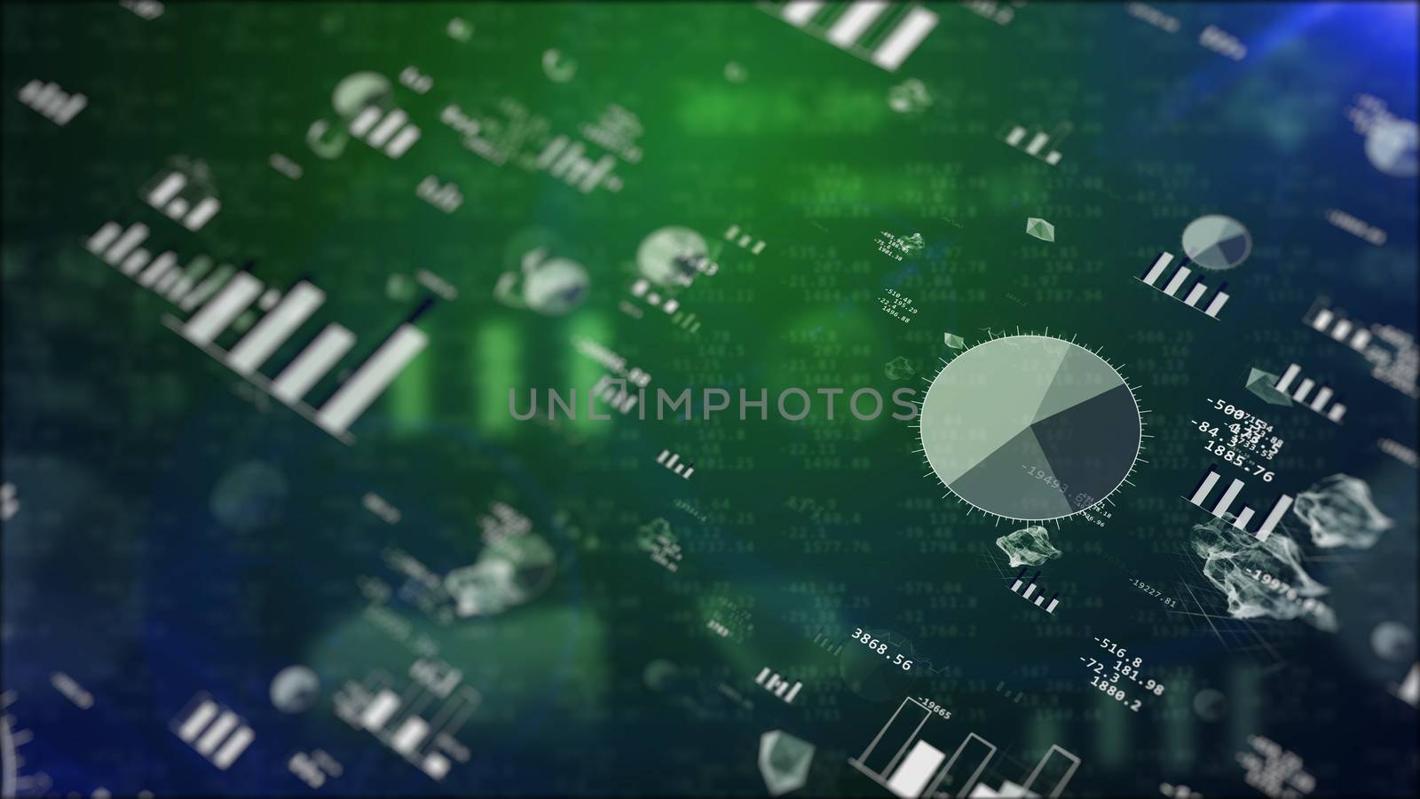 Businesslike 3D rendering of stock exchange revenues with sparkling pie charts, histograms, bar charts, decimal digits, strange  figures, spheres. The dark green background has a palette of tints