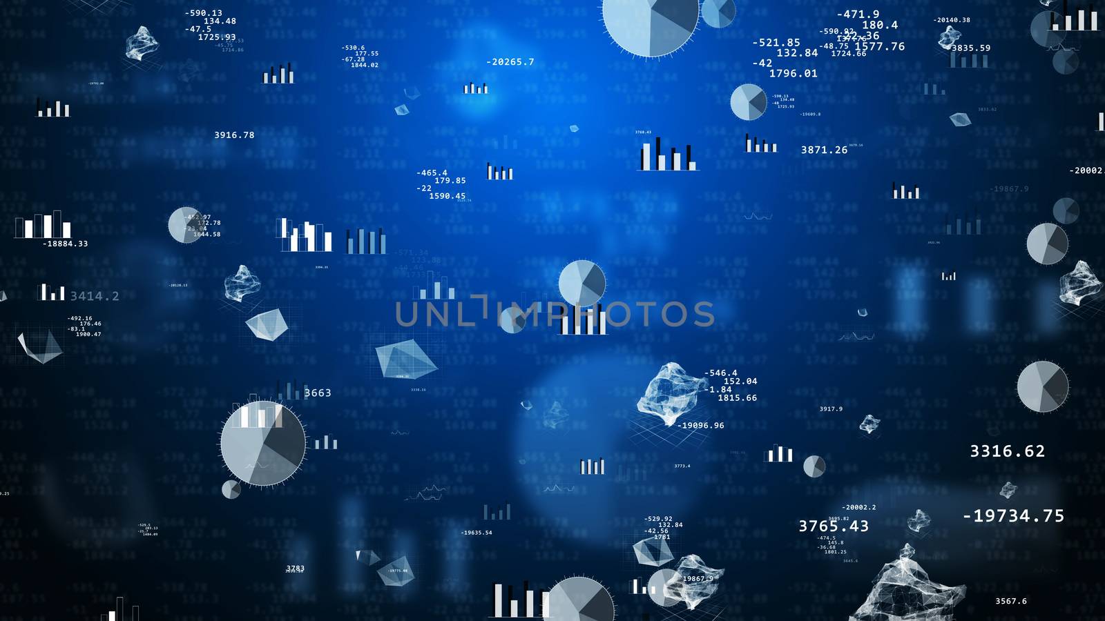 Impressive 3D rendering of stock exchange values with flying pie charts, histograms, bar charts, decimal numbers, enigmatic figures, spheres. The background is dark blue with several tints