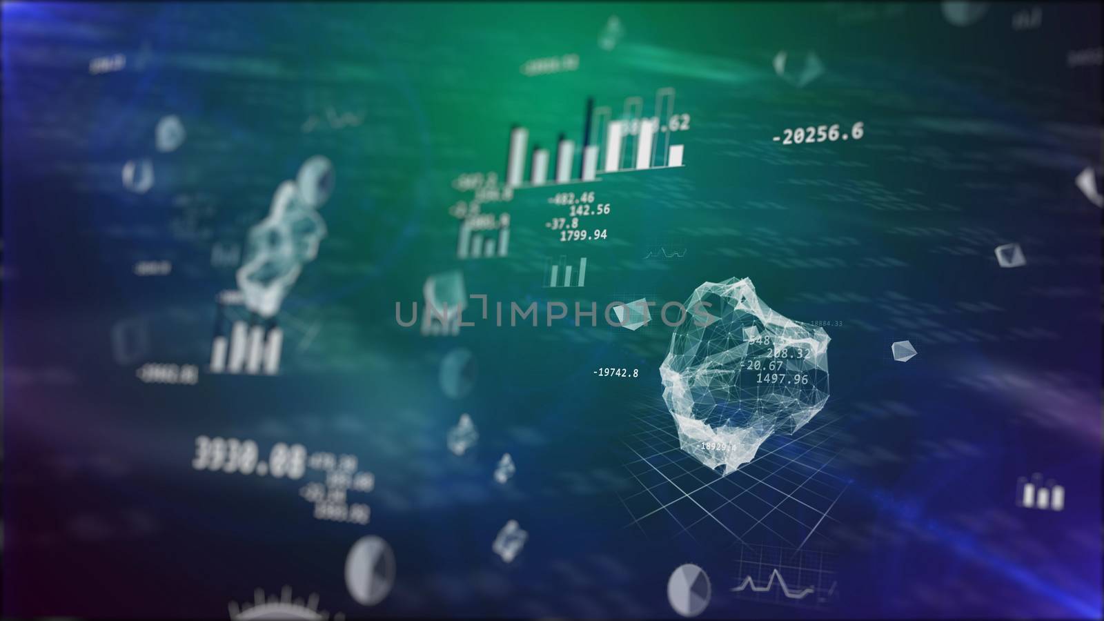 Impressive 3D rendering of stock exchange fluctuations with businesslike pie charts, histograms, bar charts, decimal digits, various  figures, balls, diamonds, in the dark blue background