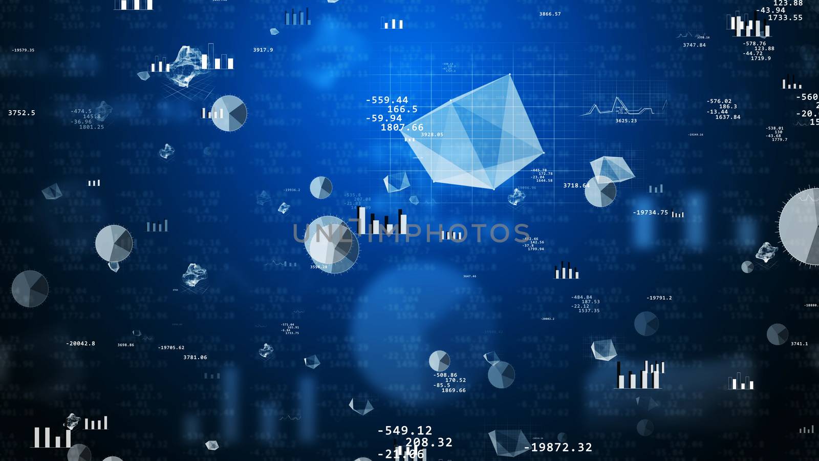 Splendid 3D illustration of stock exchange values with revolting pie charts, histograms, bar charts, decimal numbers, futuristic  figures, spheres. The background is dark blue with several shadows