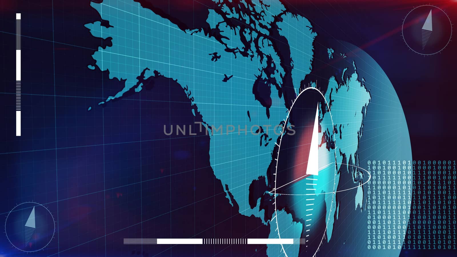 3d illustration of the Internet map in light blue colors with compass dials on it and a lot of bits from such figures as one and zero. The map is covered with a grid of latitudes and longitudes