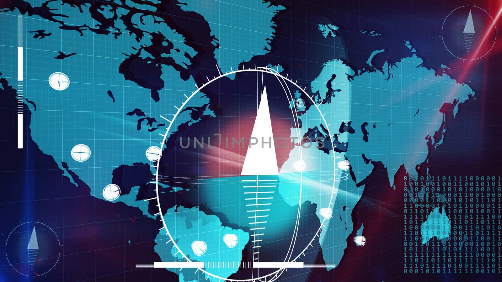 Artistic 3d illustration of the Internet map in light blue colors with white clock dials with arrows and  compass dials on it and a number of bits. The map is covered with a blue network