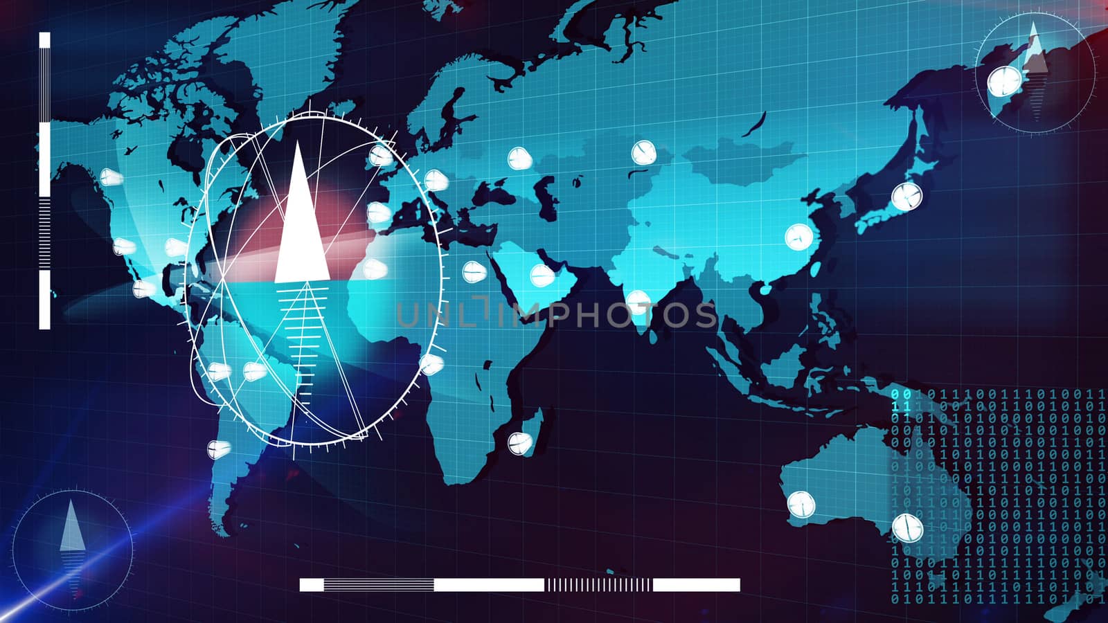 Futuristic 3d rendering of the Internet map in light blue tints with white clock faces and three compasses on it and many bits. The map is given in direct  way and covered with a network