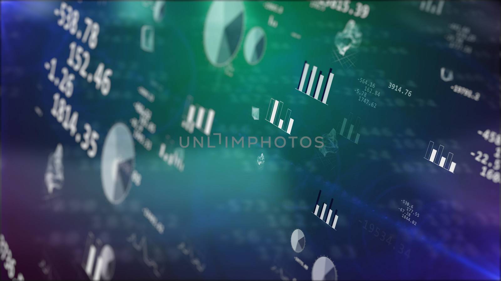 Original 3D illustration of blurred stock exchange values with sparkling pie charts, histograms, bar charts, decimal digits, various  figures, balls. The dark blue background has a number of tints