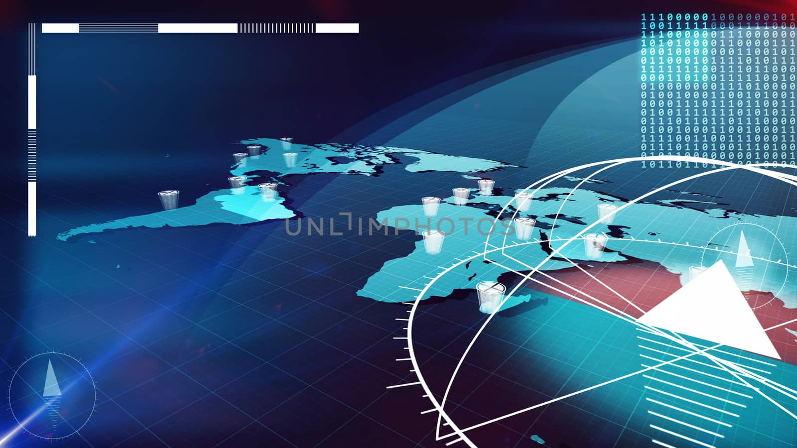 3D illustration of the light blue world Internet map with three compasses, rows of bits with one and zero figures, white clock dials, in the dark blue background, covered with a network