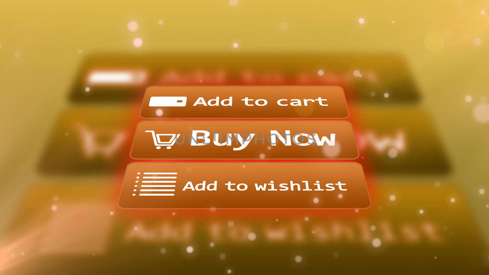 3D  rendering  of a light brown internet shop screen with  inscriptions ADD TO CART,  BUY NOW, ADD TO WISHLIST,  from up-down perspective  and a trolley , a grid, and email signs on buttons
