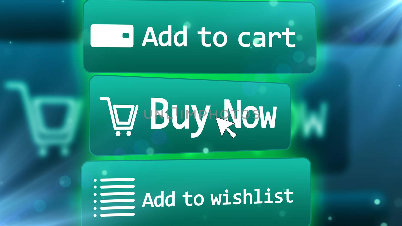 3D rendering  of a bright blue internet shop screen with  commands ADD TO CART,  BUY NOW, ADD TO WISHLIST,  with a number of drawings including  a trolley, a grid, email, and an arrow symbols