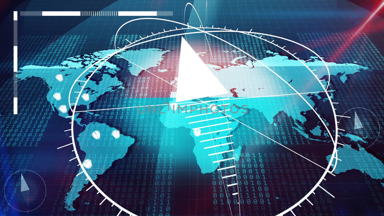 Geek looking 3D rendering of the light blue world Internet map shot aslant with a large compass in the center, with a hemisphere, columns of bits, large grid, white clock dials, in the dark blue
