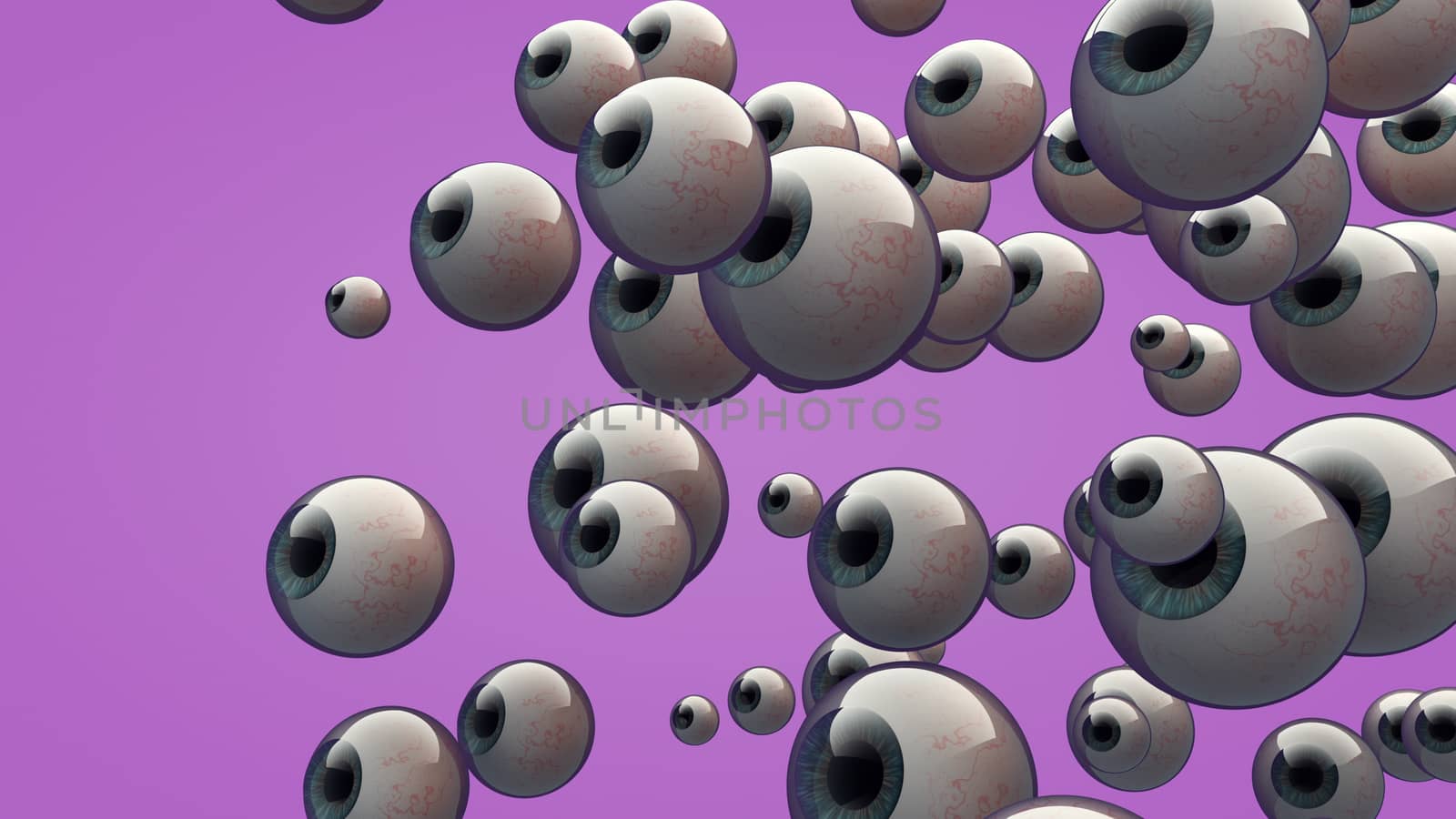 Abstract 3D illustration of round out eyes of different sizes looking in the same direction somewhere up. Dozens of the gray eyes are placed in a light violet background 
