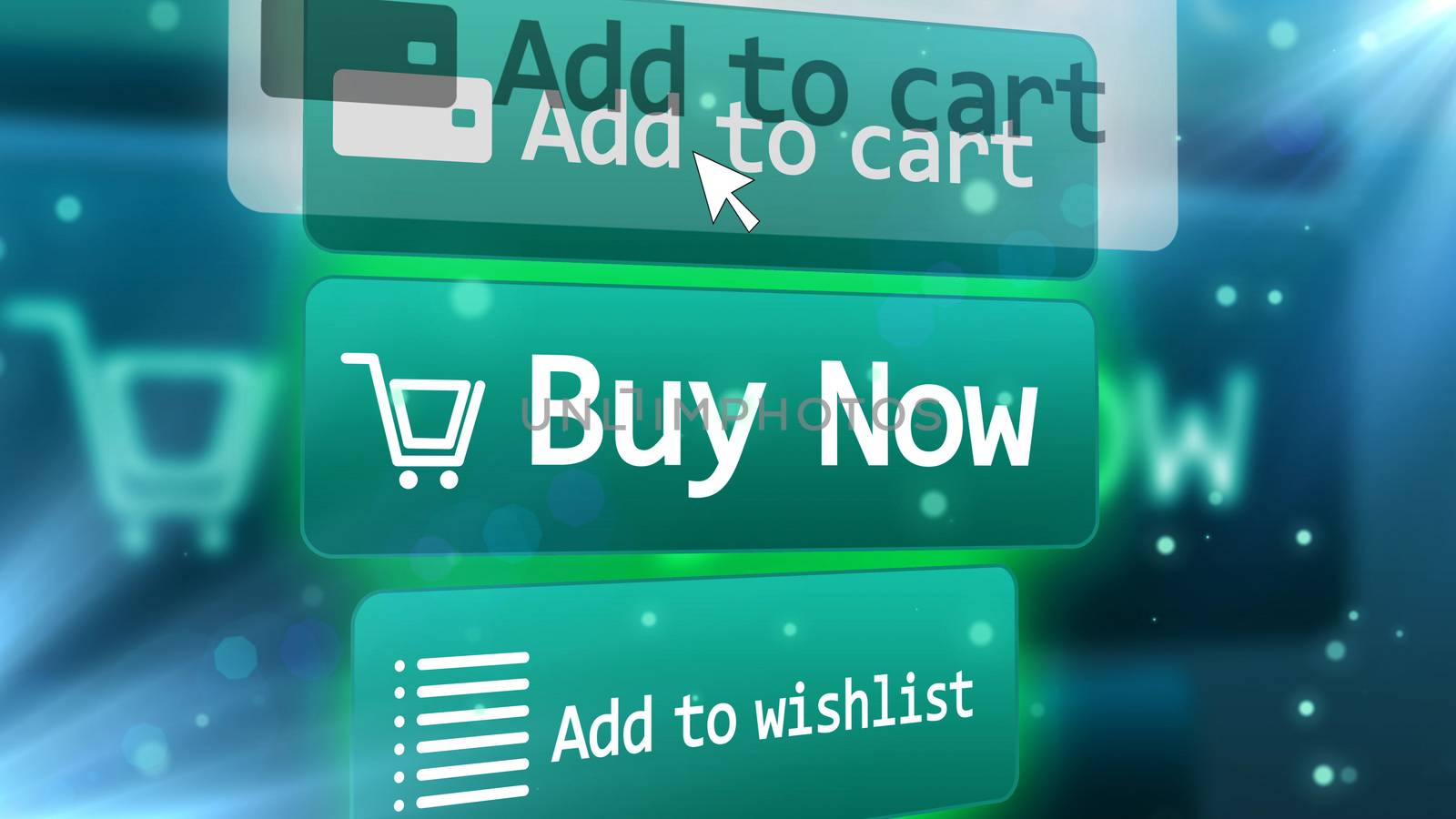 3D illustration of a light blue internet shop screen with inscriptions ADD TO CART,  BUY NOW, ADD TO WISHLIST,  with a cart, a grid, email and arrow symbols placed on a screen