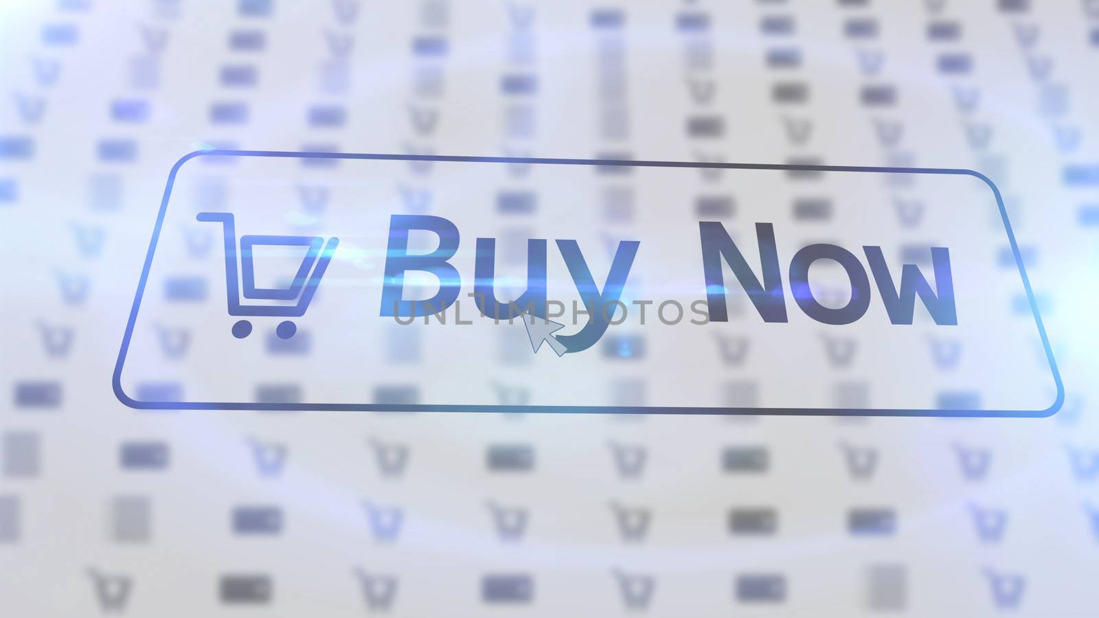 Ordinary  3D rendering  of a white internet shop screen with a command BUY NOW  and one basket situated  on one  icon  with numerous light blue blurred drawings
