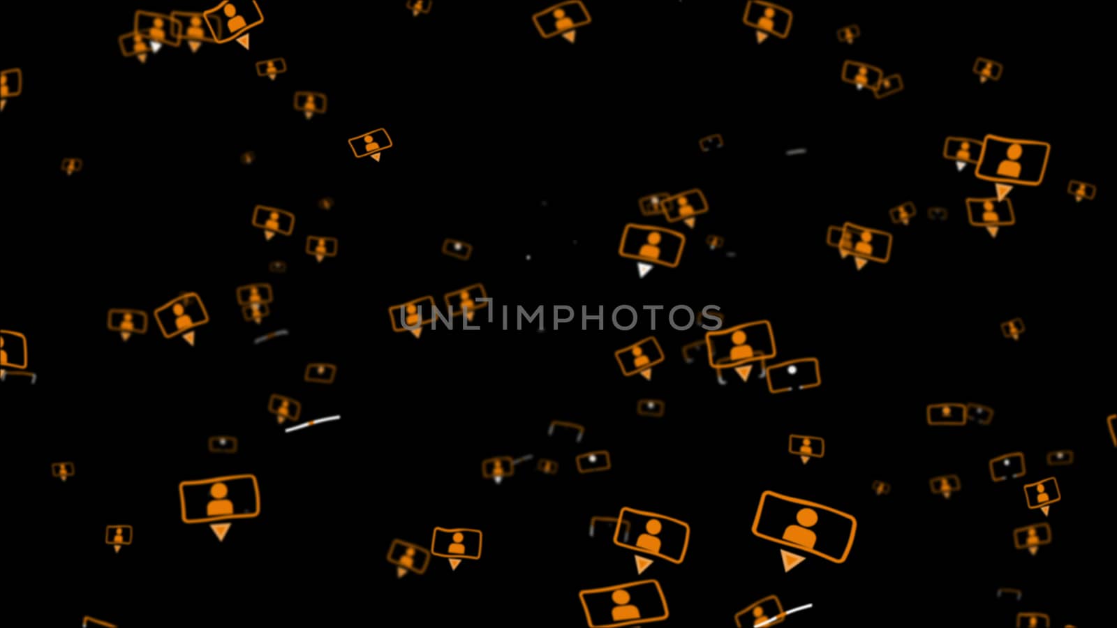 Impressive  3D rendering of a black background with  numerous talking head people, having a head and shoulders, presented in orange color, in rectangular, TV shaped frames