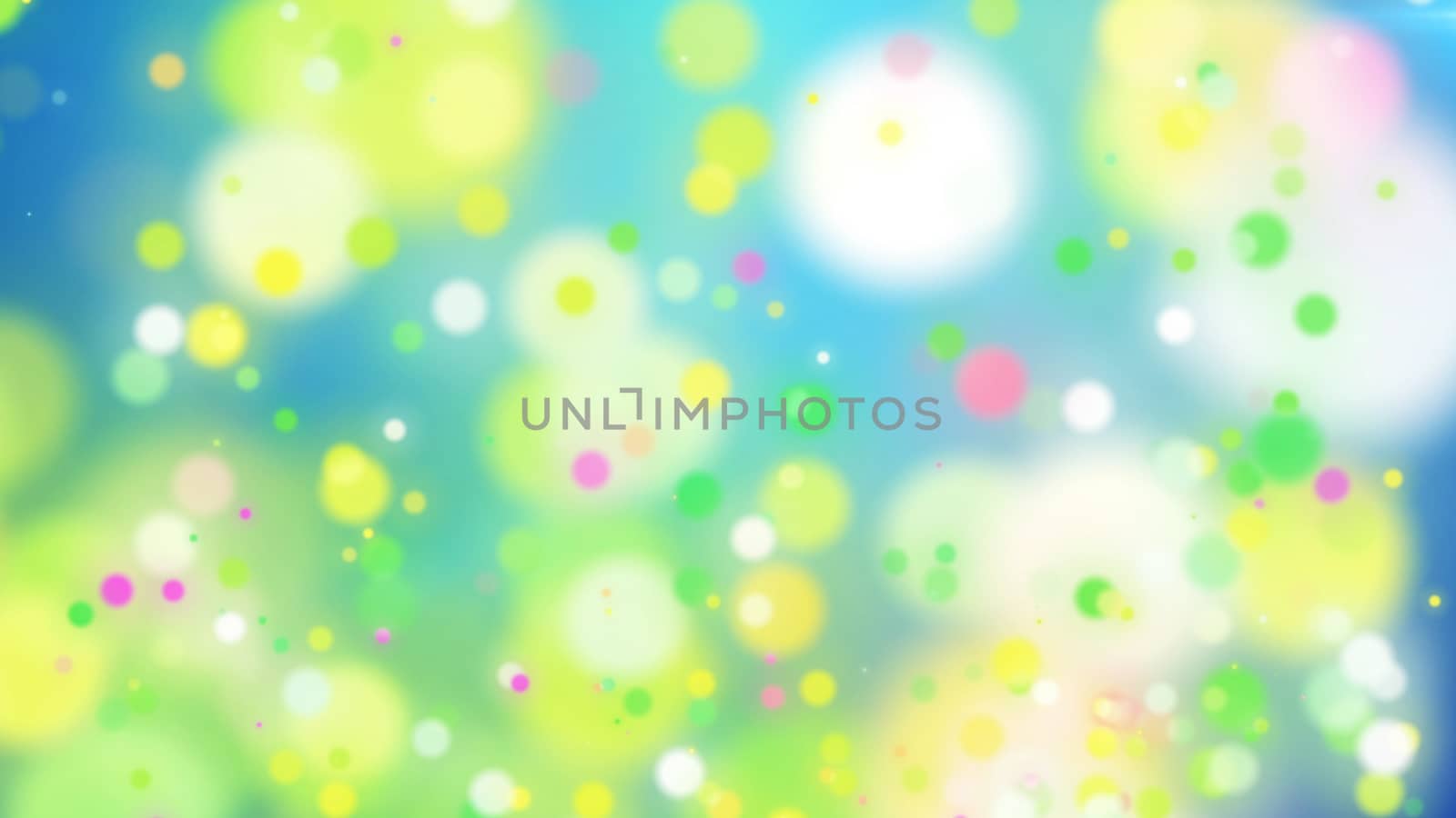 Funny 3d illustration of colorful particles and dots on a light blue background with flashing white clouds. The sunny drawing gives a childish and happy mood