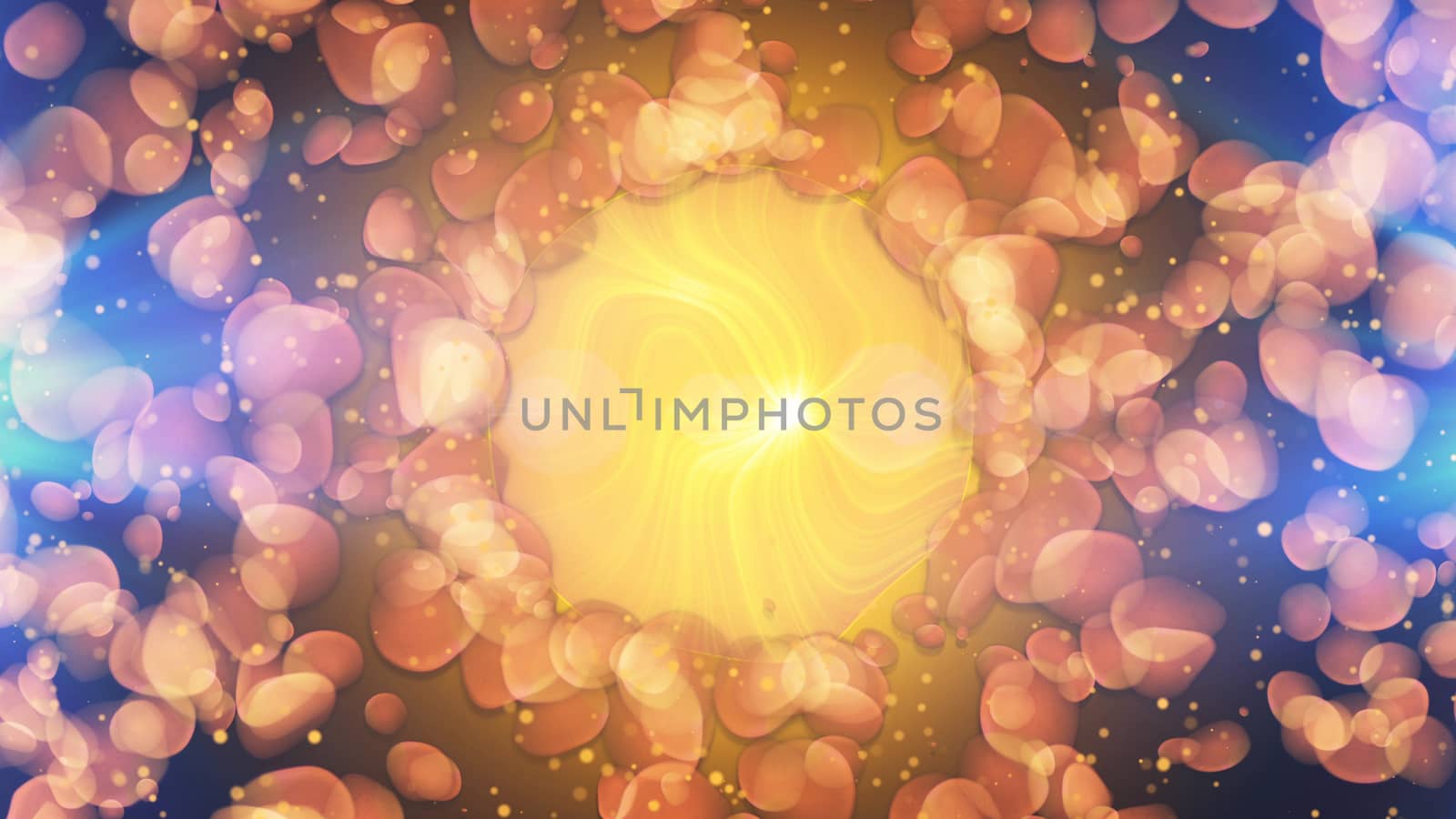 Splendid 3d illustration of a yellow  center looking likesun, between brown and shapeless particles looking like grain on a dark blue background. The picture resembles some ancient summer fest