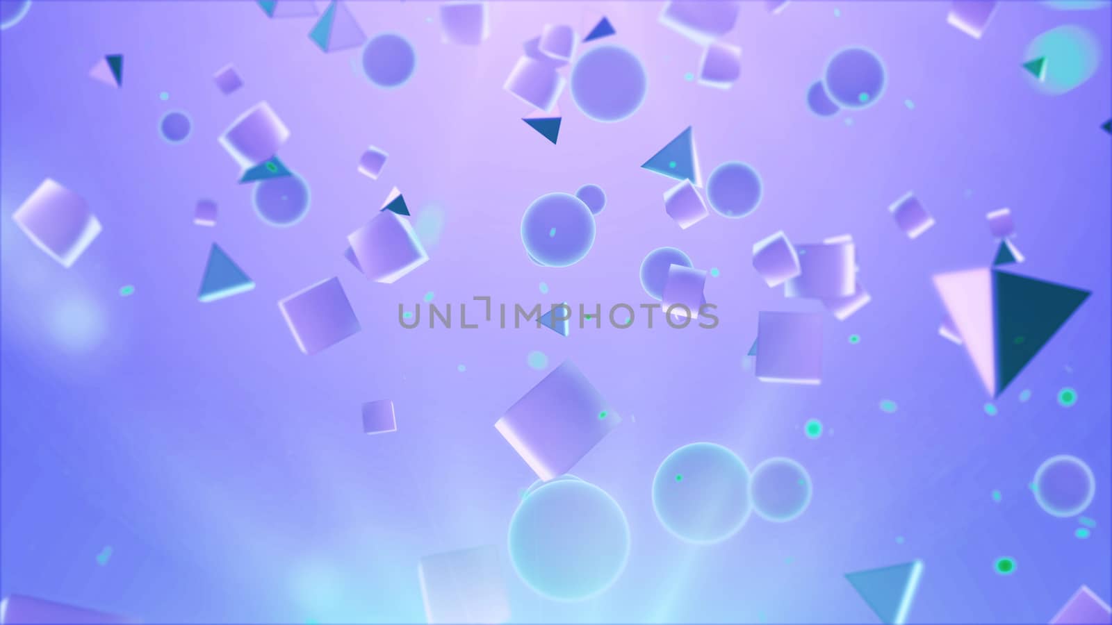 Mysterious  3d illustration  of abstract, multicolored and different size balls, cubes,  and pyramids turning around in the air in the light violet background. The picture  looks futuristic and great 