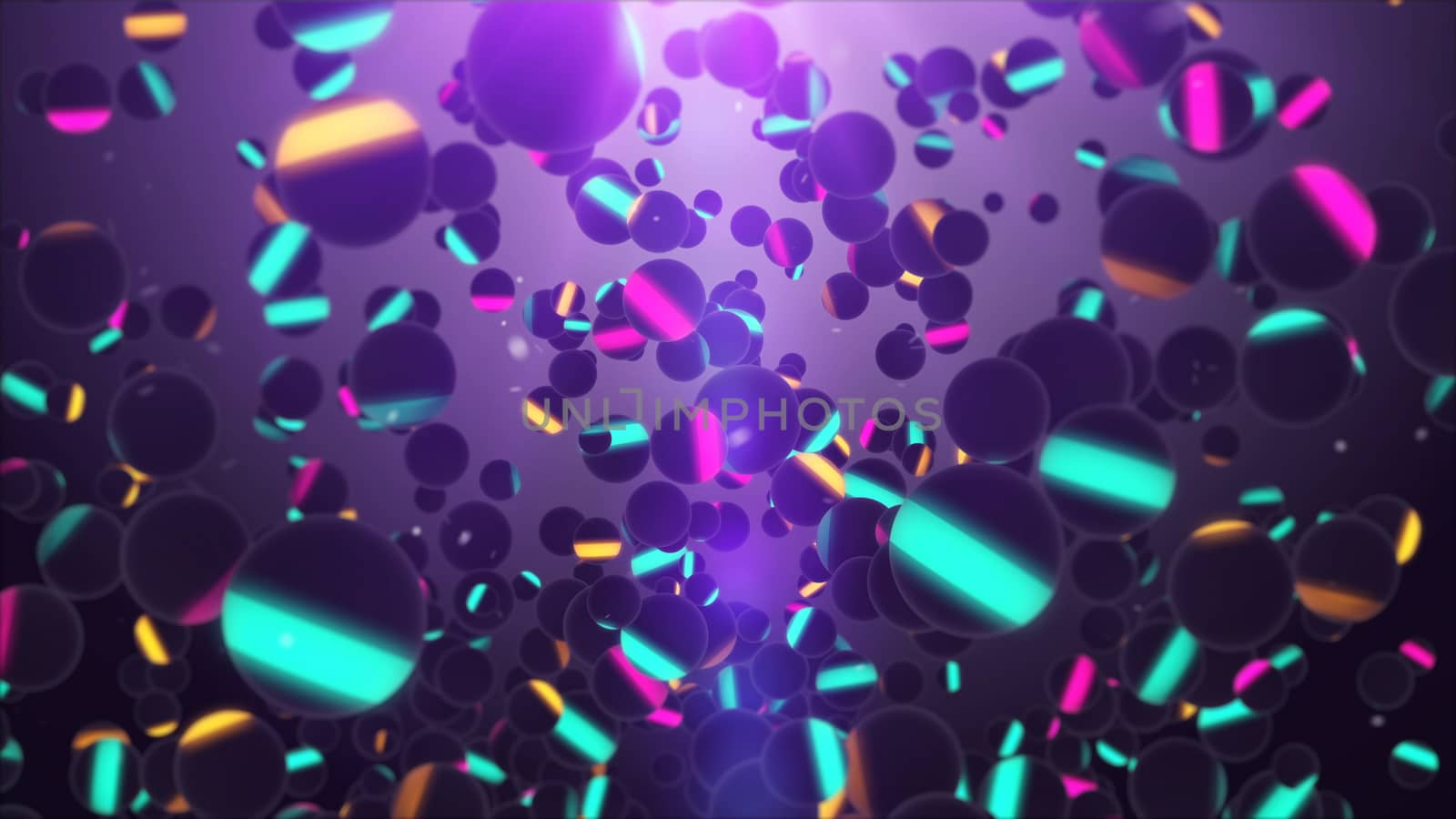 Enigmatic 3d illustration of numerous colorful stripes with orange, blue, pink and yellow colors flying in the dark violet air serving as a background. The picture gives a feeling of disco club