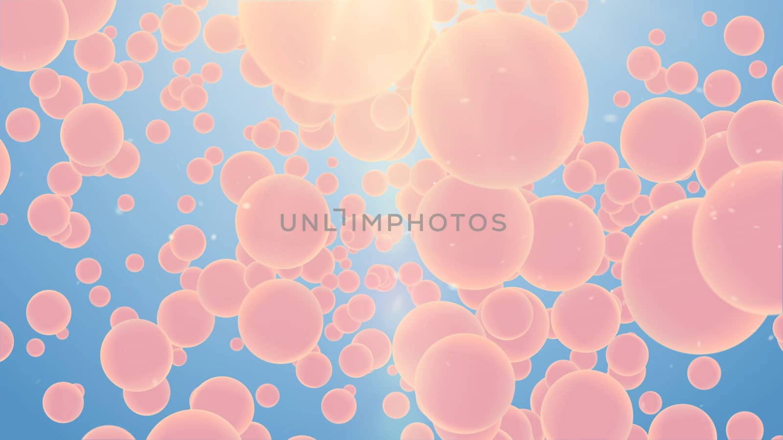 Artistic  3d illustration of abstract, pink and different size spheres hanging and turning around in the air in the light blue background. The picture  looks hilarious and childish