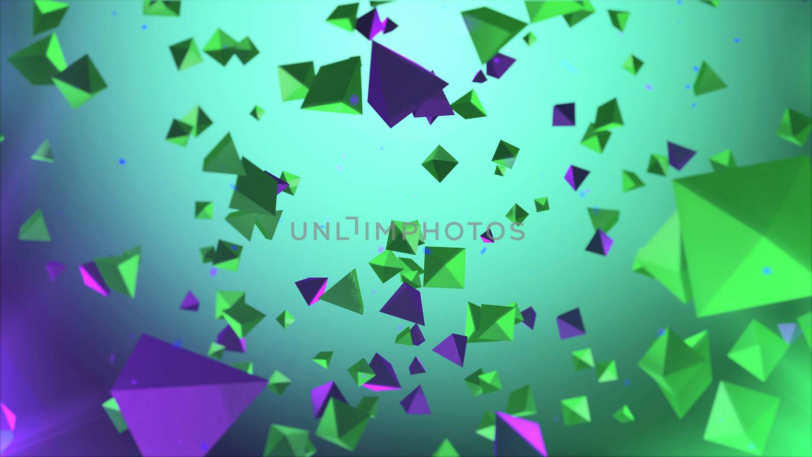 Impressive 3d illustration of colorful and different size pyramids turning around in the air in the light green and light violet background. The drawing looks abstract and exciting 