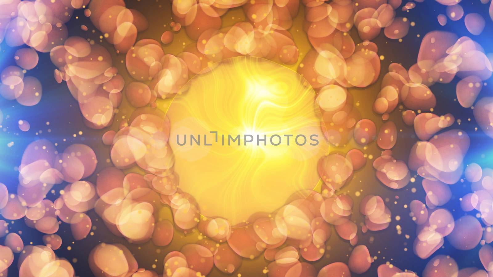 Exciting 3d rendering of a yellow center looking like wheat, encircled with brown and shapeless particles resembling grain on a dark blue background. The drawing resembles some old summer fest