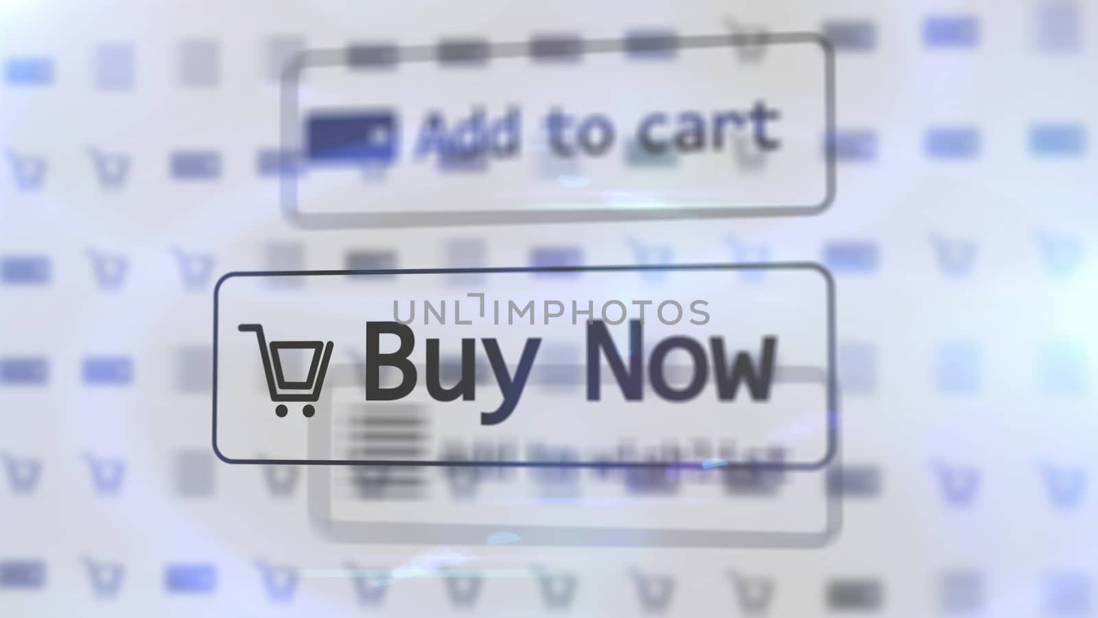 Common 3D illustration  of a white internet shop screen with such inscriptions as ADD TO CART, BUY NOW, and one basket located  on one  icon  with numerous blurred drawings