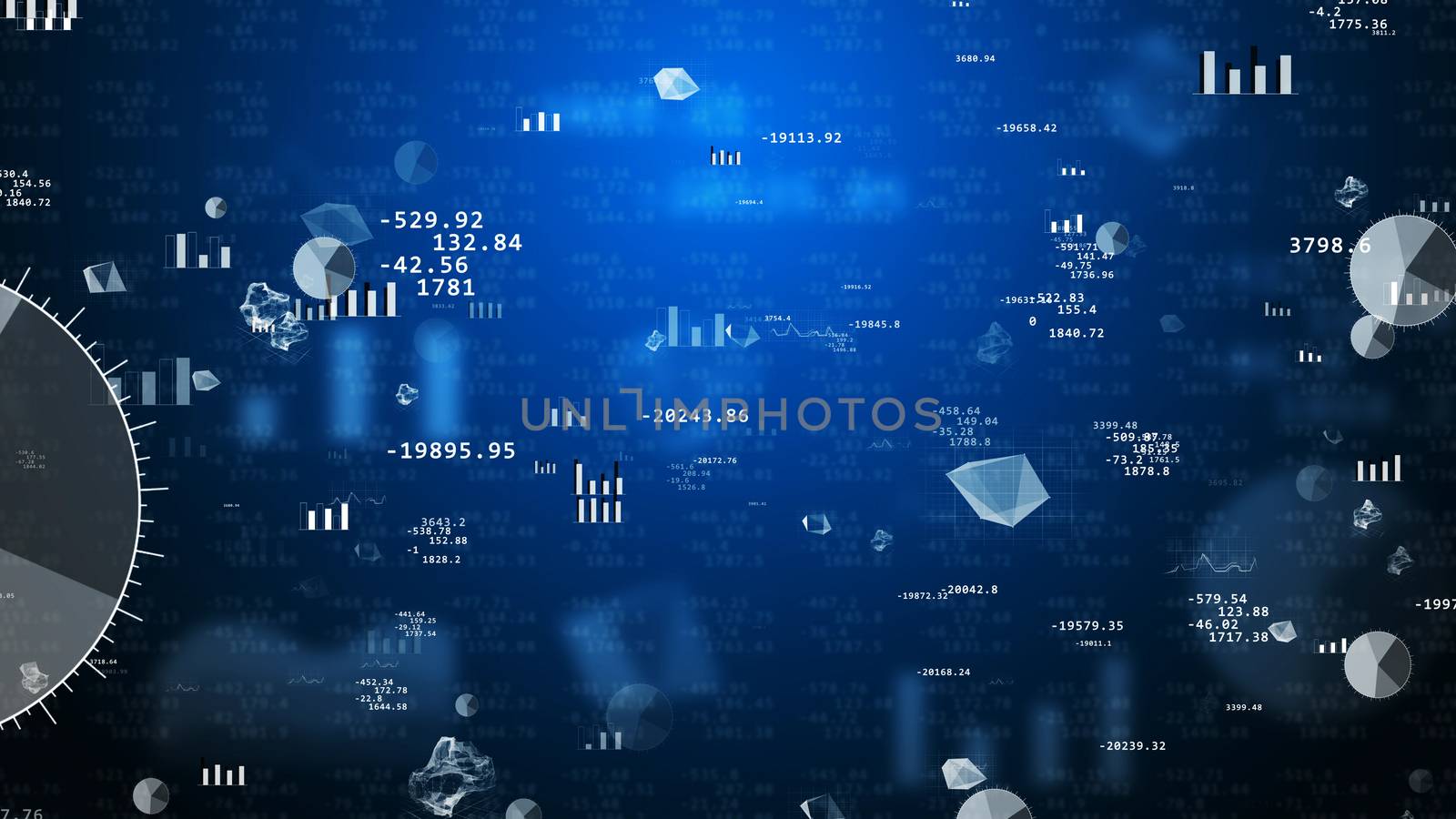 Splendid 3D illustration of stock exchange values with revolting pie charts, histograms, bar charts, decimal numbers, futuristic  figures, spheres. The background is dark blue with several shadows