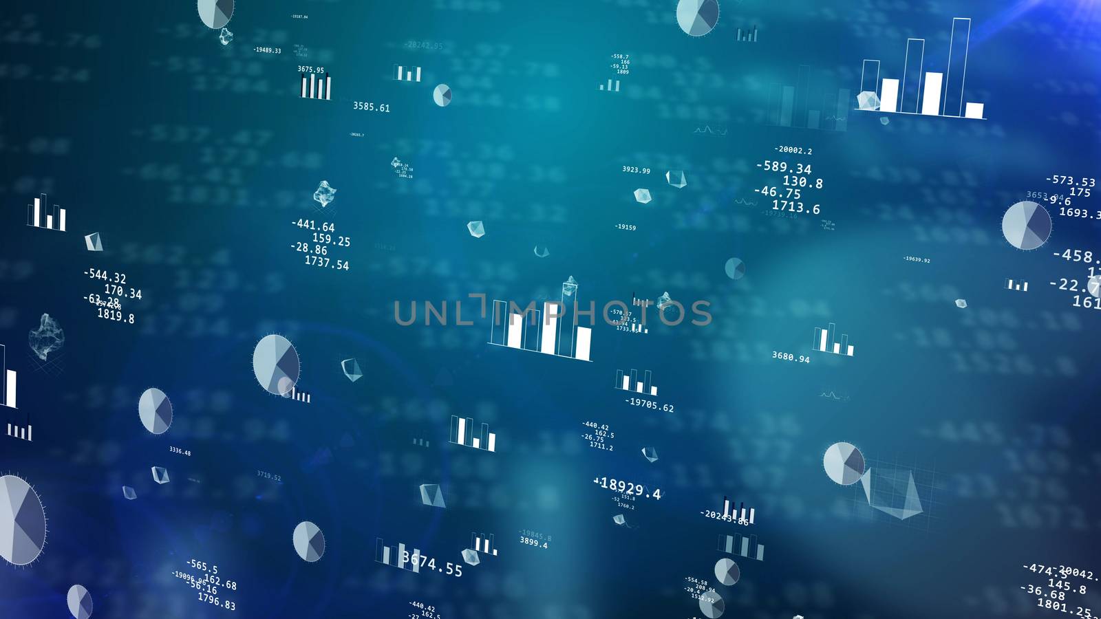 Impressive 3D rendering of stock exchange values with sparkling pie charts, histograms, bar charts, decimal digits, various  figures, balls. The dark blue background has a number of shadows