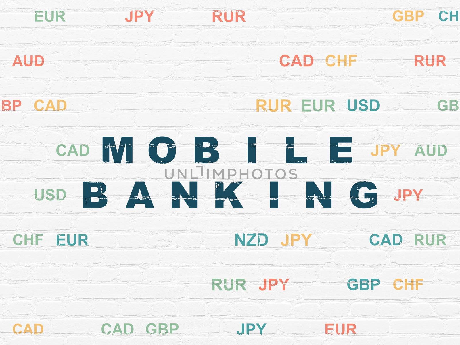 Money concept: Painted blue text Mobile Banking on White Brick wall background with Currency