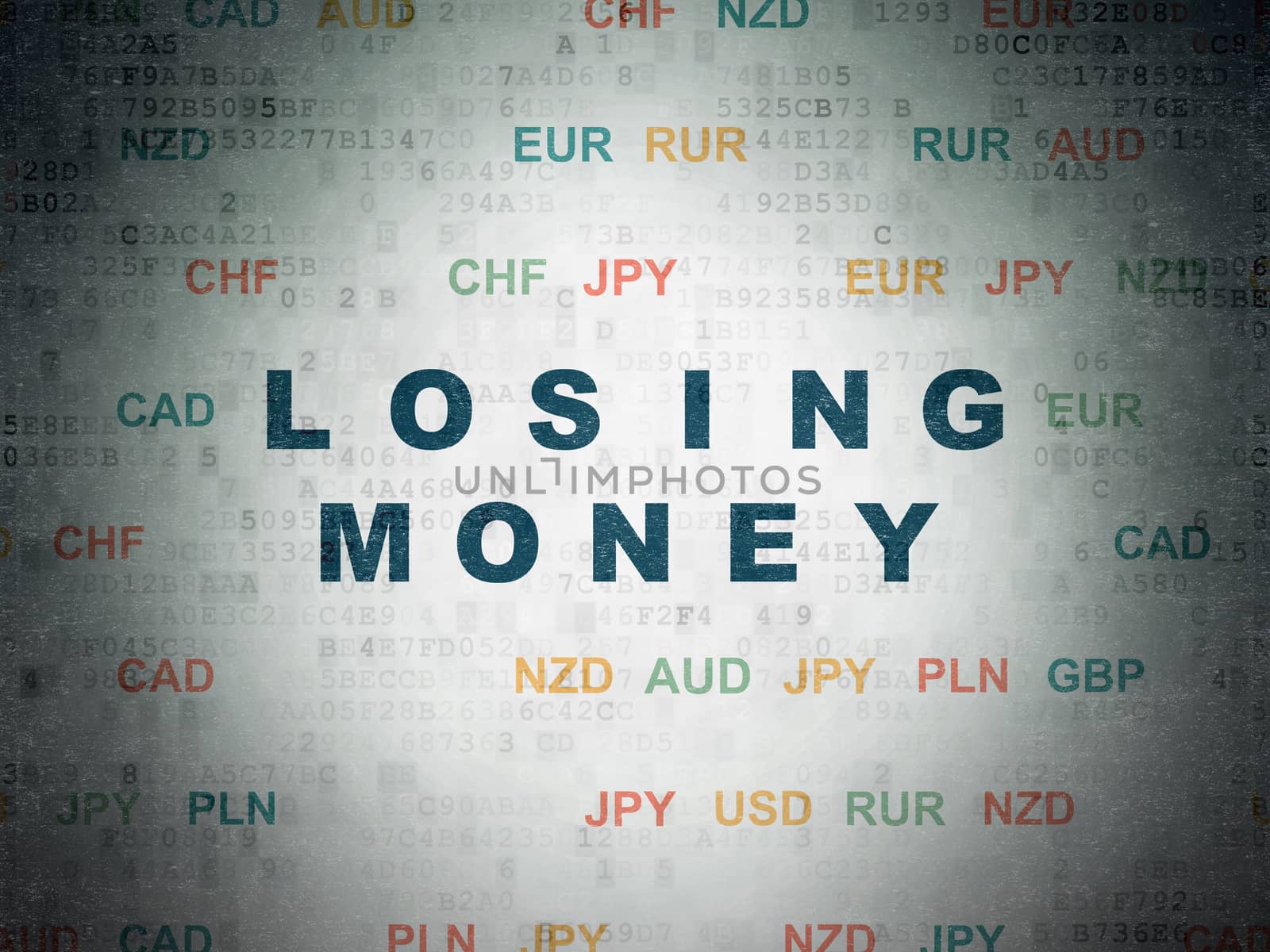 Money concept: Painted blue text Losing Money on Digital Data Paper background with Currency