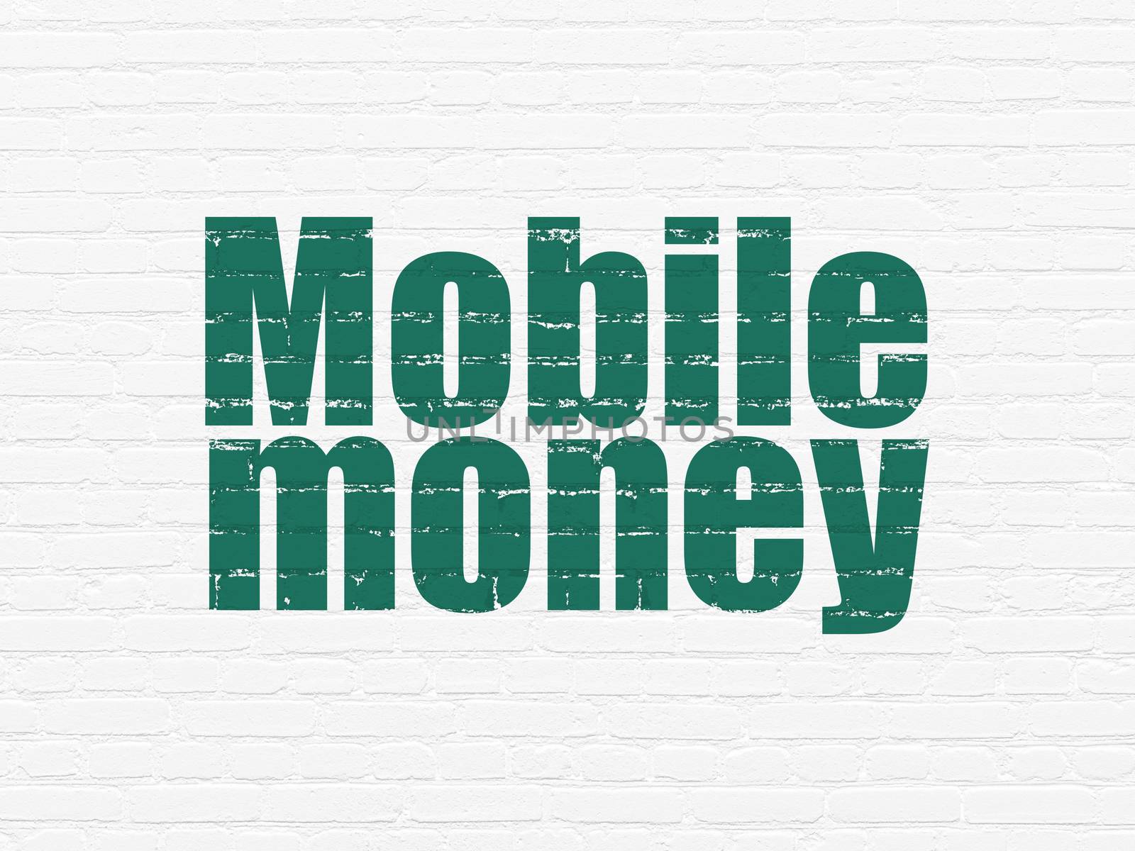 Currency concept: Painted green text Mobile Money on White Brick wall background
