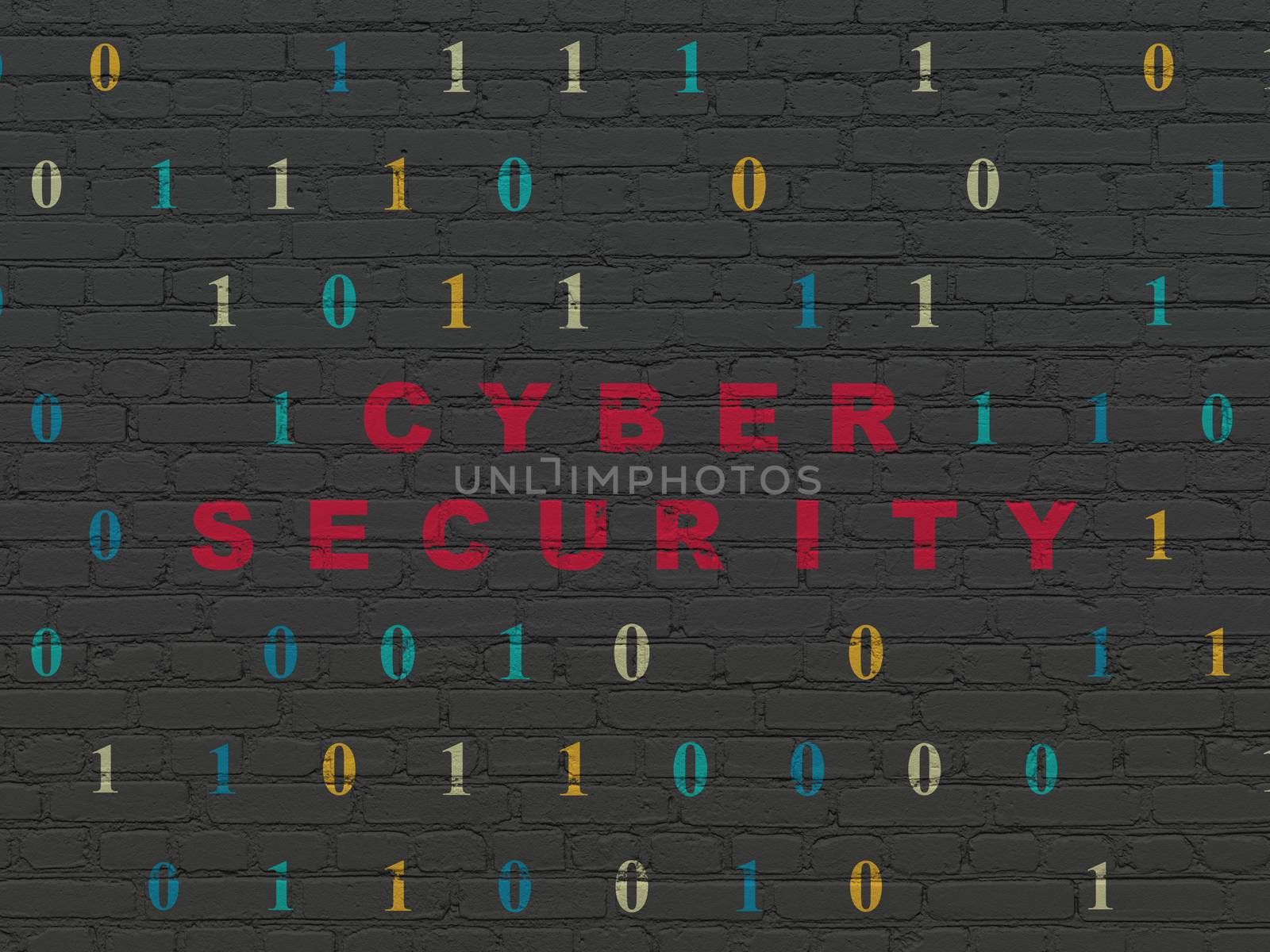 Privacy concept: Painted red text Cyber Security on Black Brick wall background with Binary Code