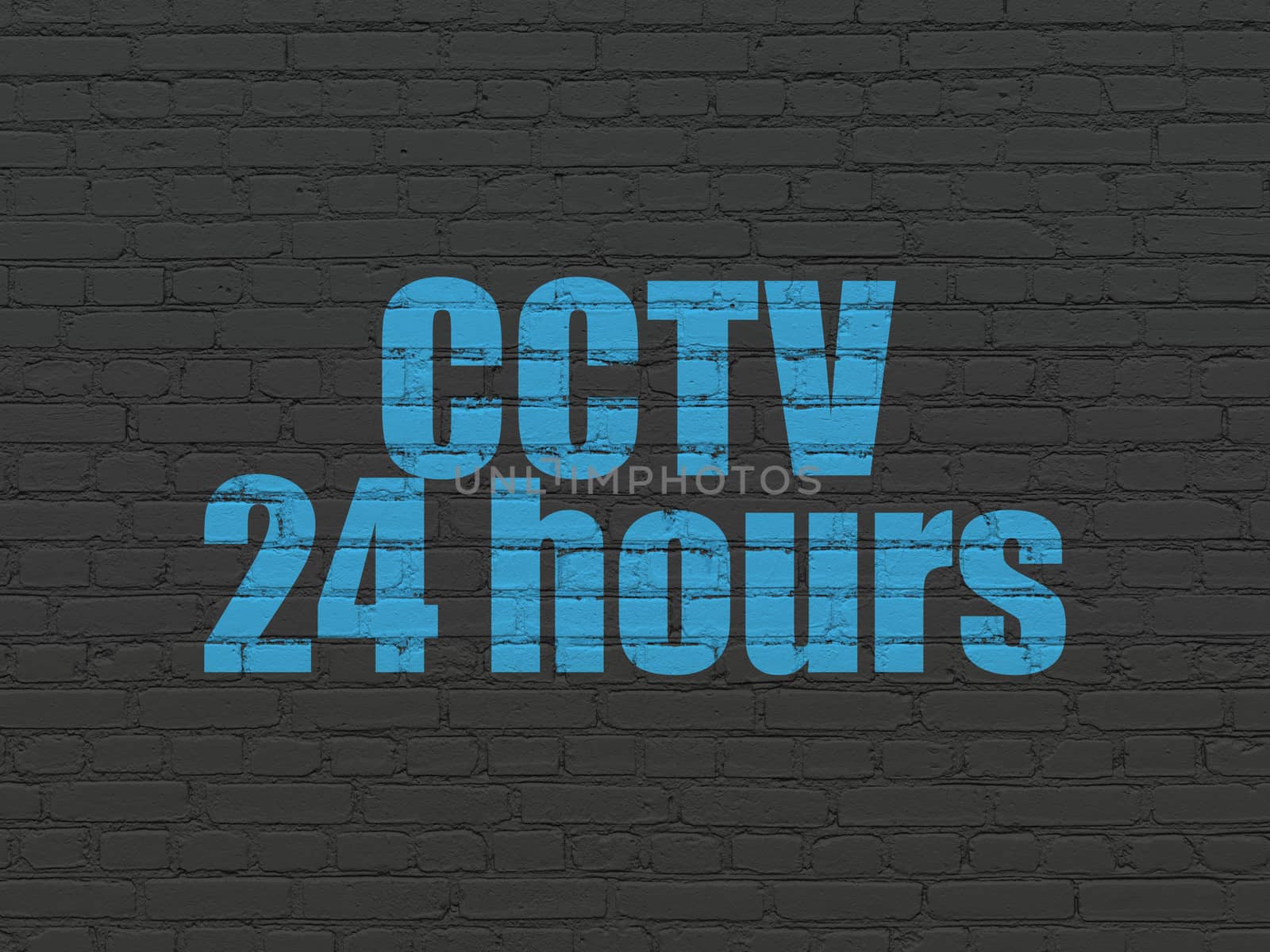 Protection concept: Painted blue text CCTV 24 hours on Black Brick wall background