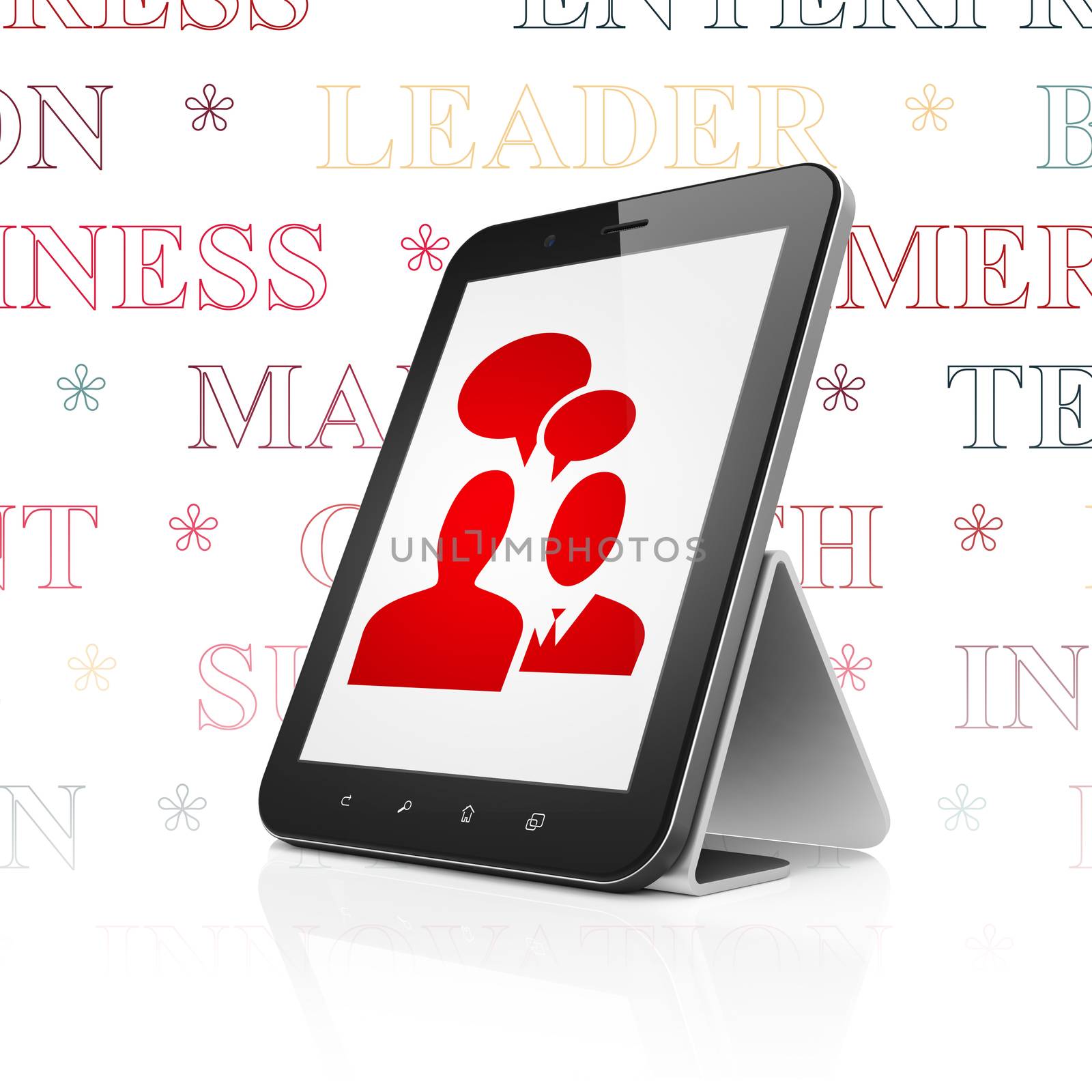 Business concept: Tablet Computer with  red Business Meeting icon on display,  Tag Cloud background, 3D rendering