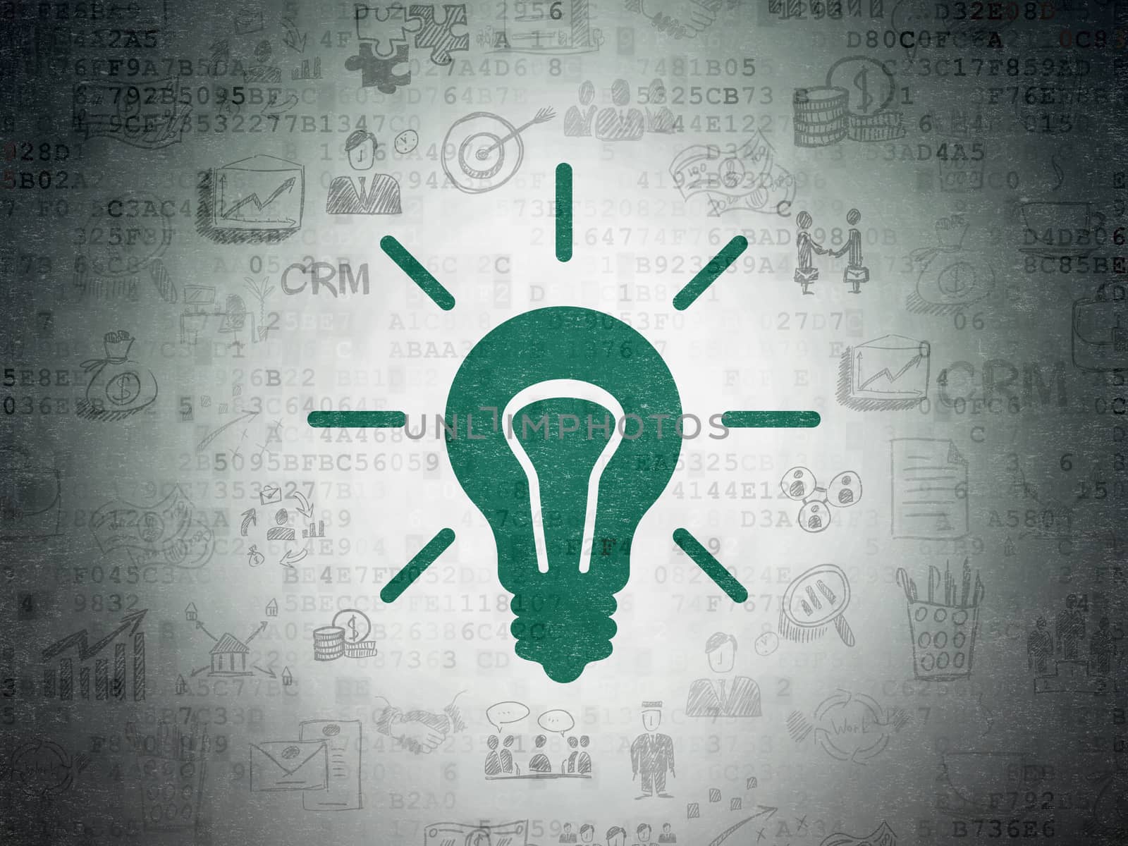 Finance concept: Painted green Light Bulb icon on Digital Data Paper background with  Hand Drawn Business Icons