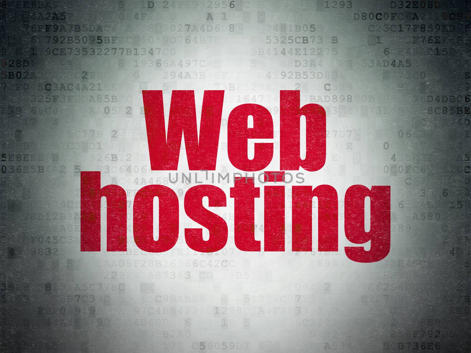 Web development concept: Painted red word Web Hosting on Digital Data Paper background