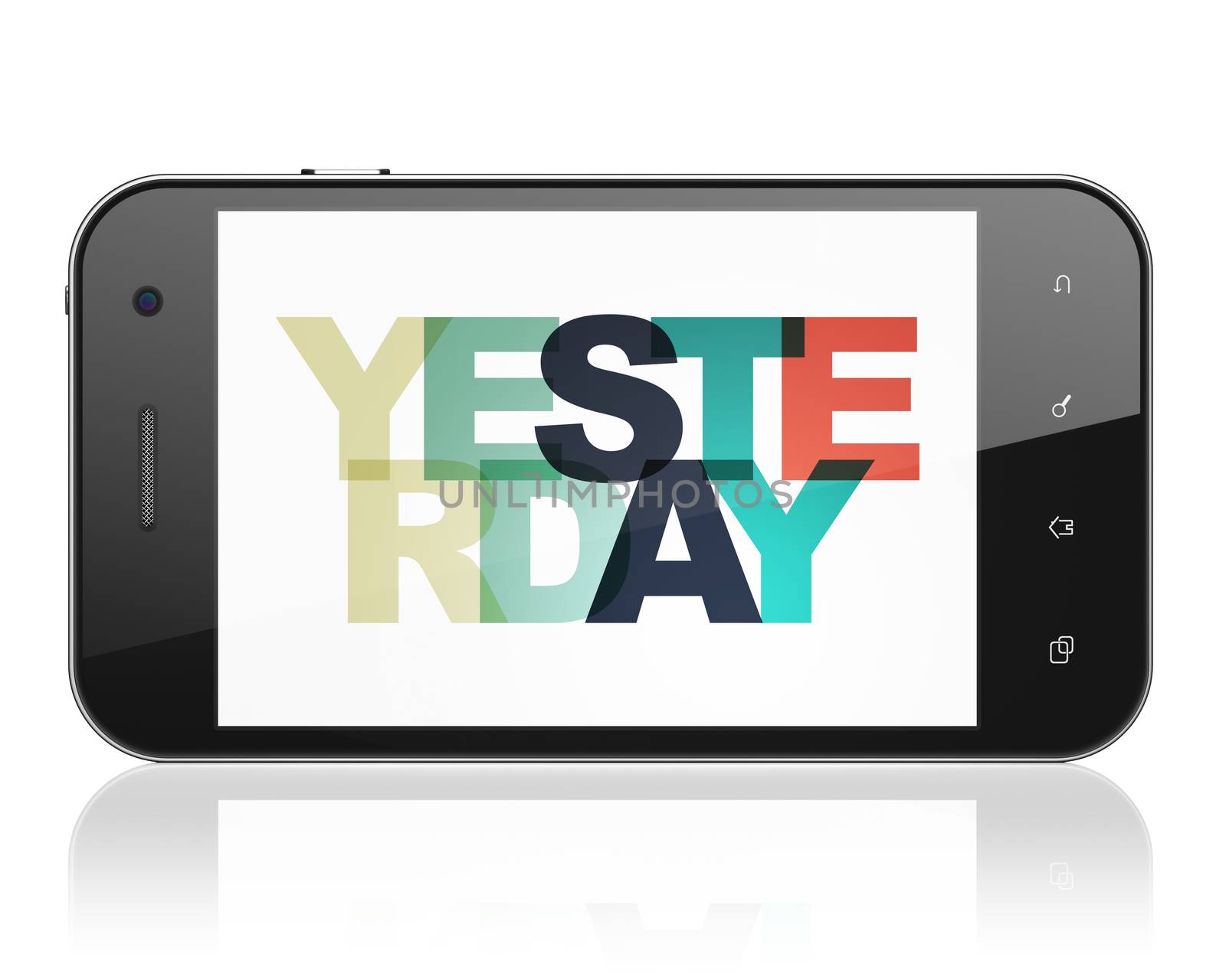 Time concept: Smartphone with Painted multicolor text Yesterday on display, 3D rendering
