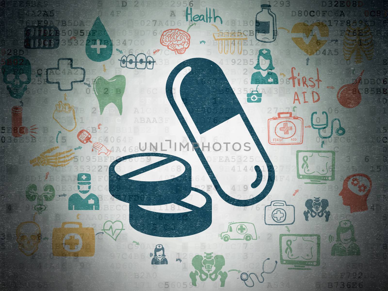 Health concept: Painted blue Pills icon on Digital Data Paper background with Scheme Of Hand Drawn Medicine Icons